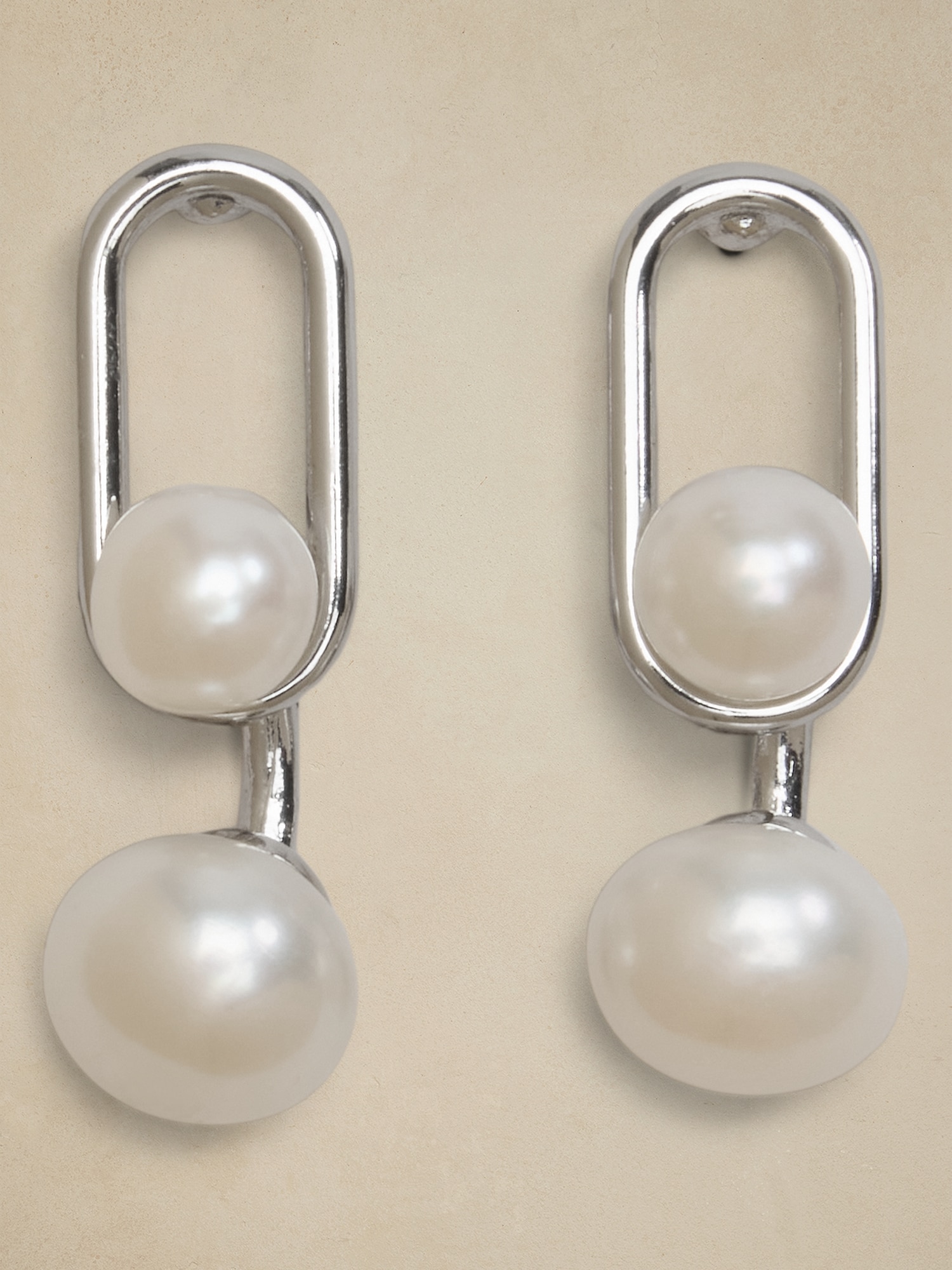 Oval Metal Pearl Drop Earrings