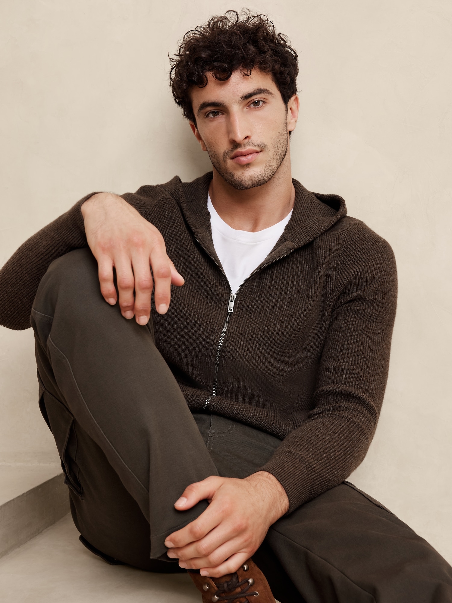 Cotton-Blend Ribbed Zip Hoodie Sweater