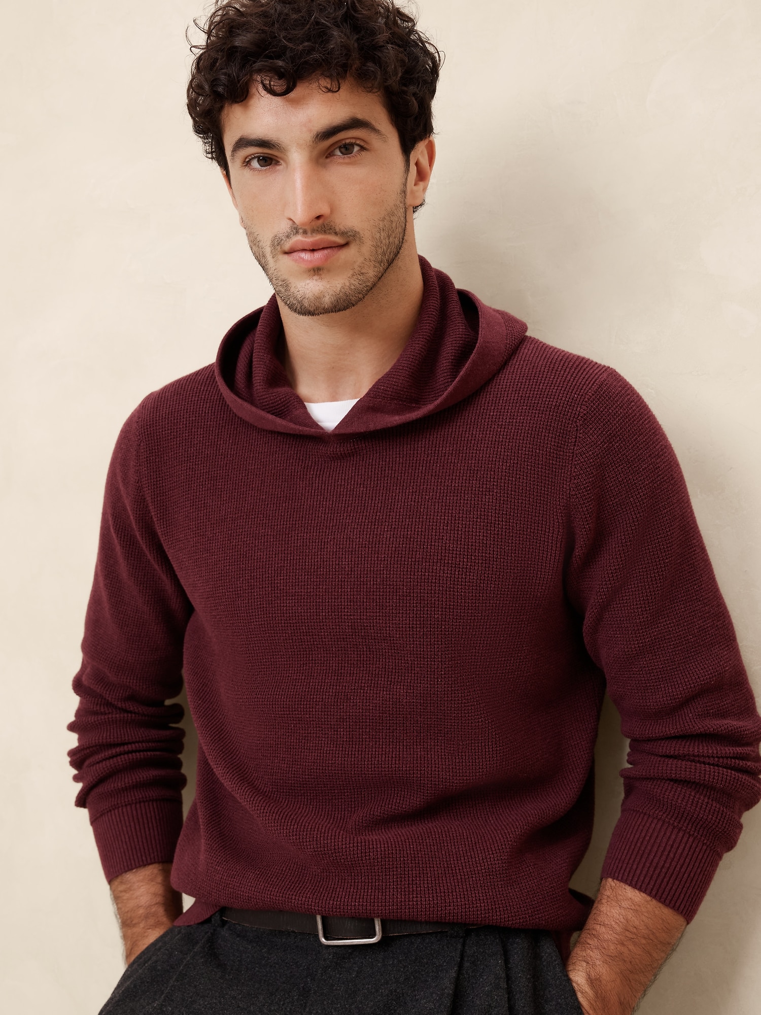 Cotton-Blend Textured Hoodie Sweater - Red