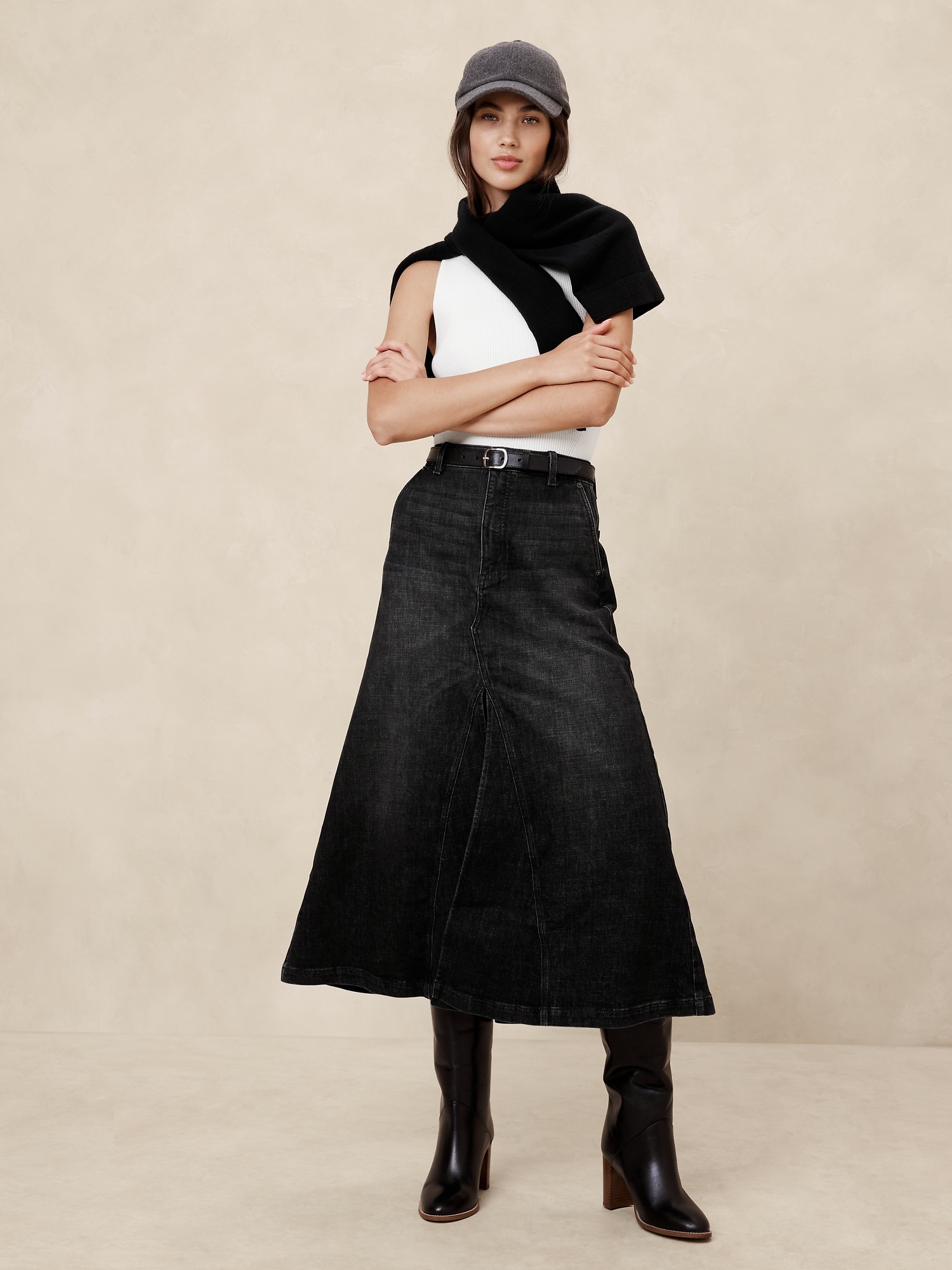 Center Split Classic Denim Maxi Skirt