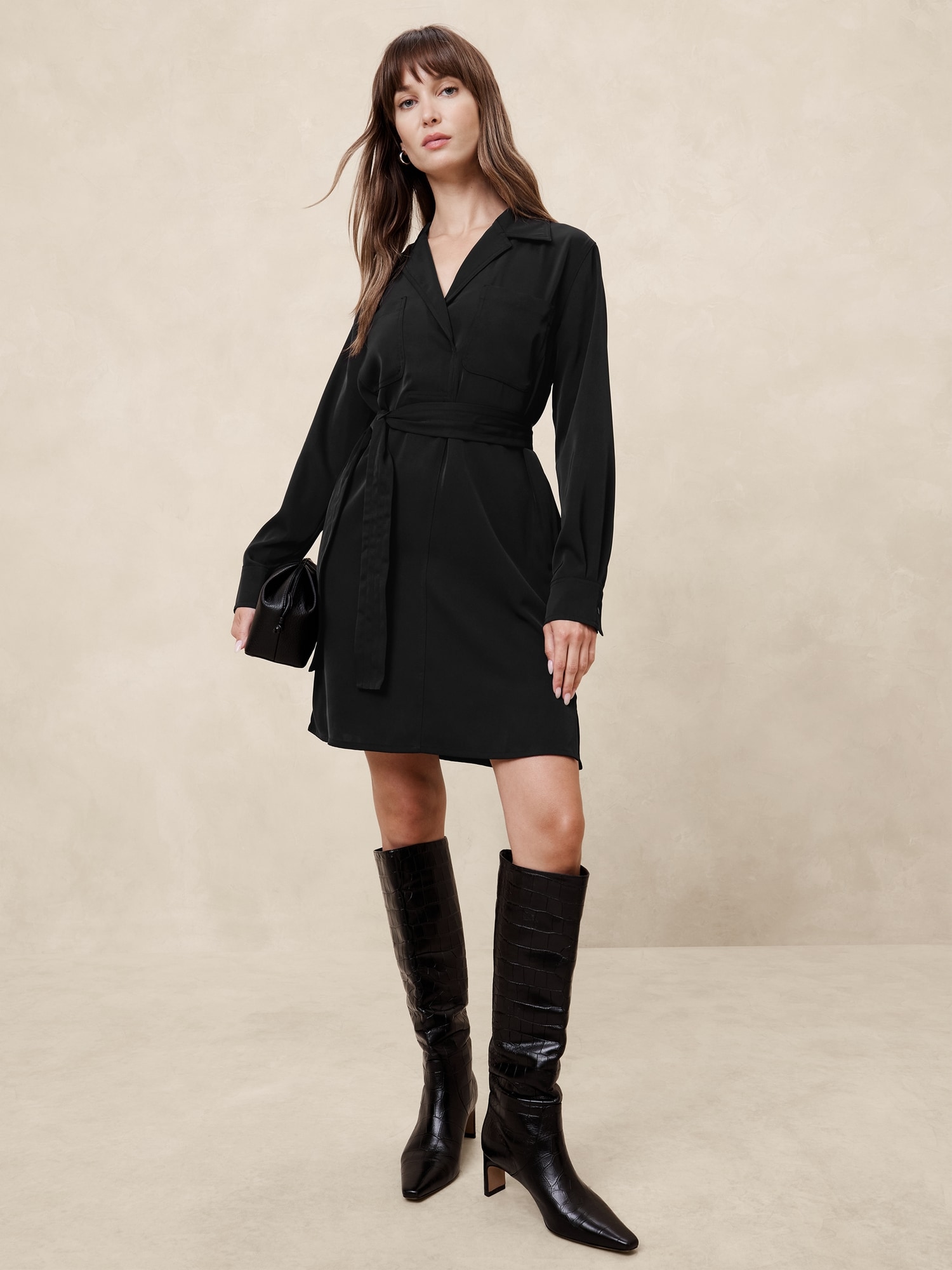 Satin Twill Mini Shift Dress - Black