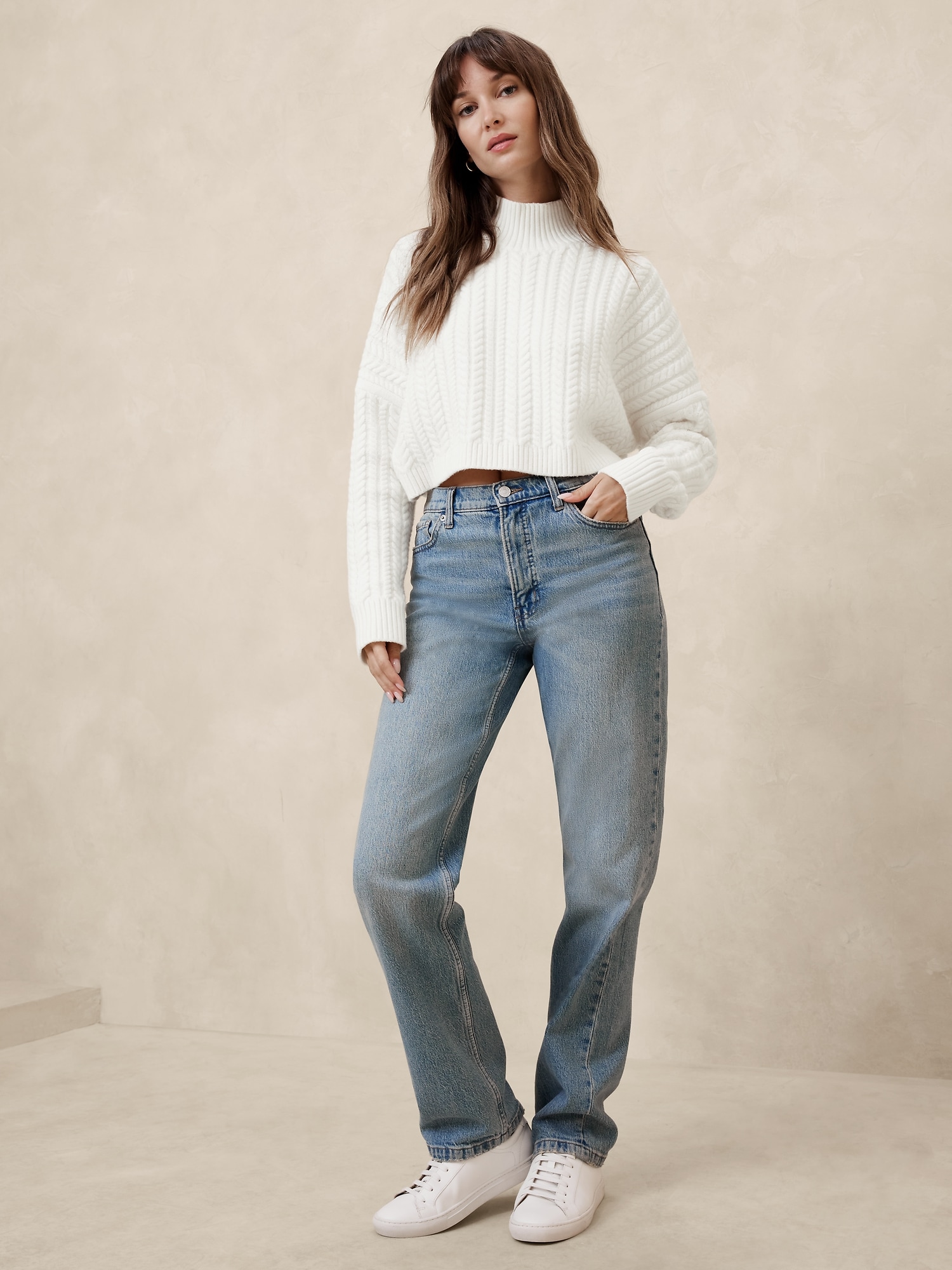 Cropped Cable Turtleneck Sweater