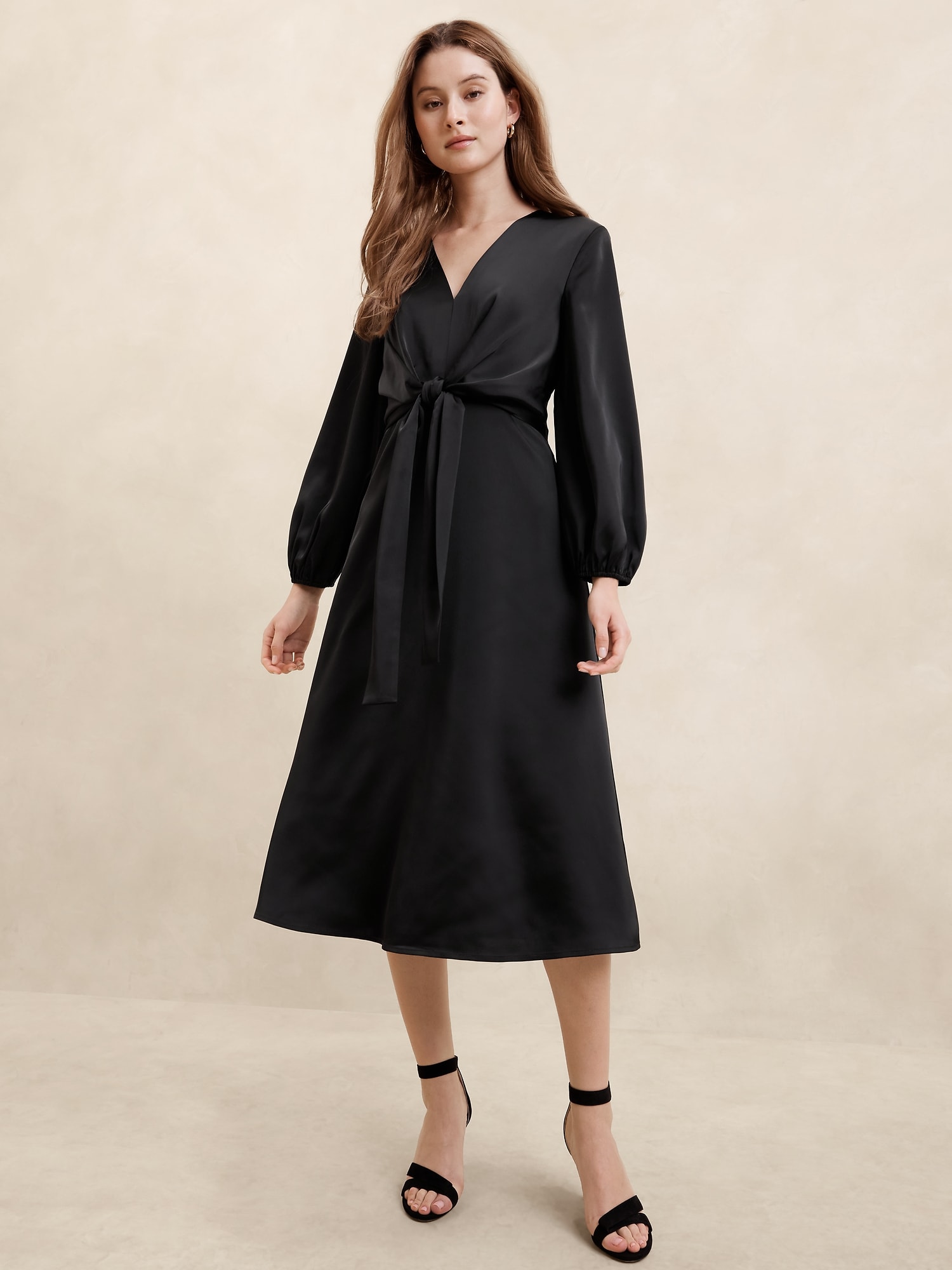 Satin Tie-Front Midi Dress - Black