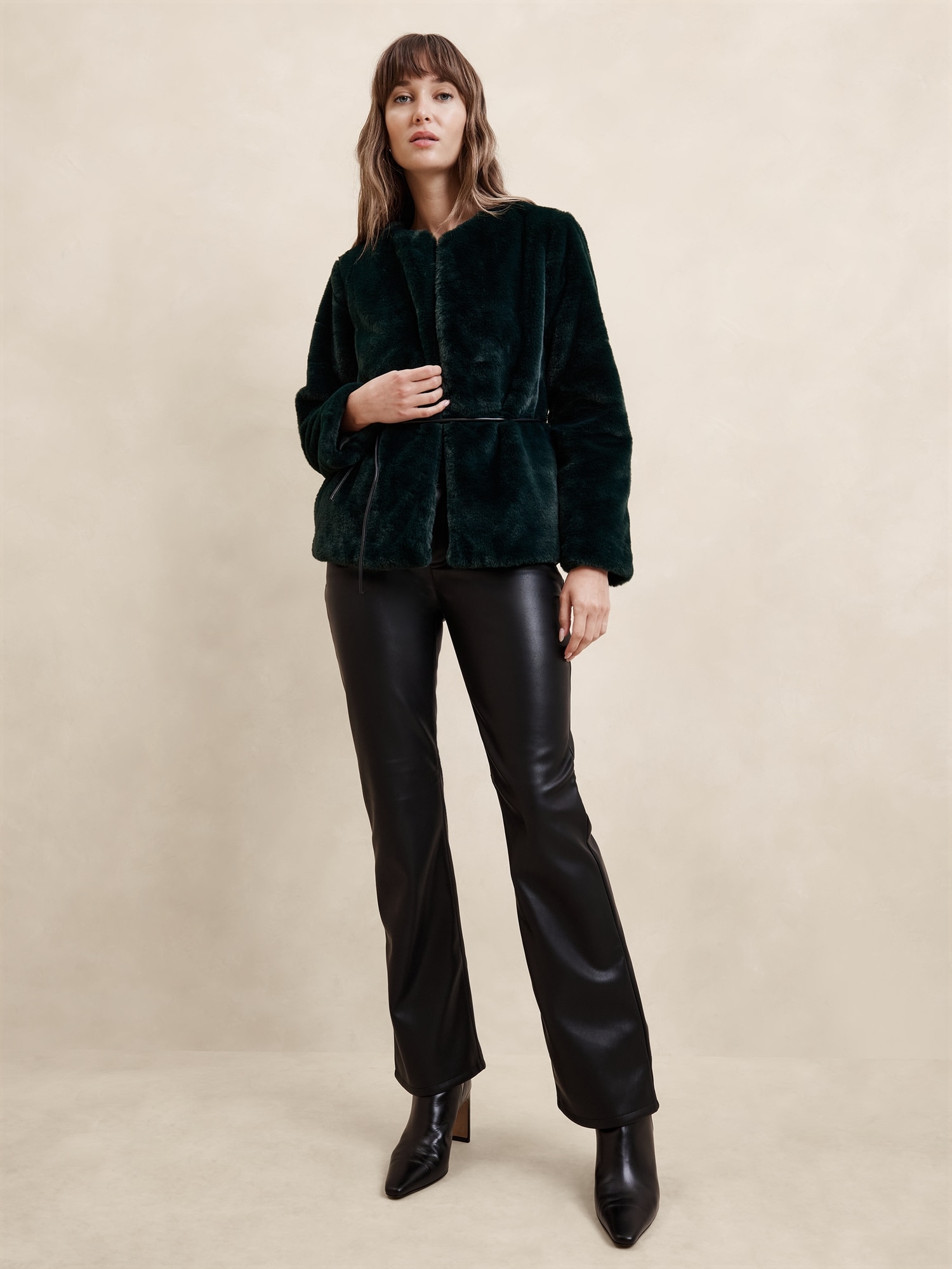 Faux Fur Tie-Waist Jacket - Green