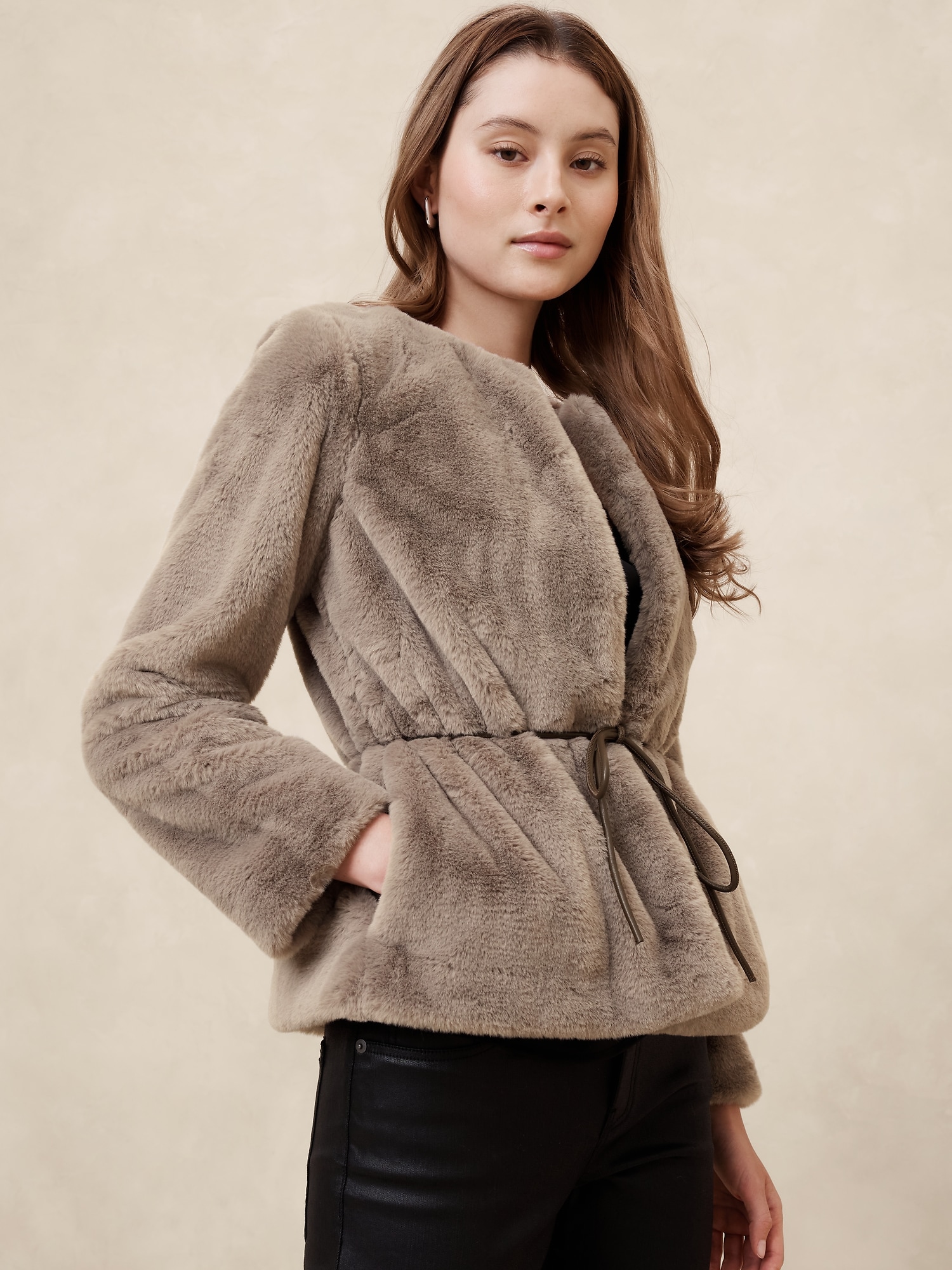 Faux Fur Tie-Waist Jacket - Brown