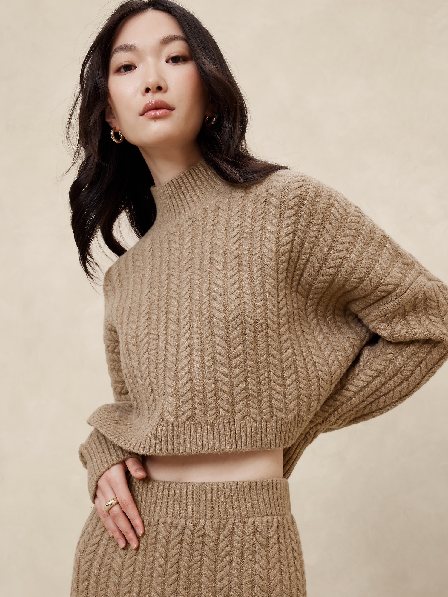 Cropped Cable Turtleneck Sweater