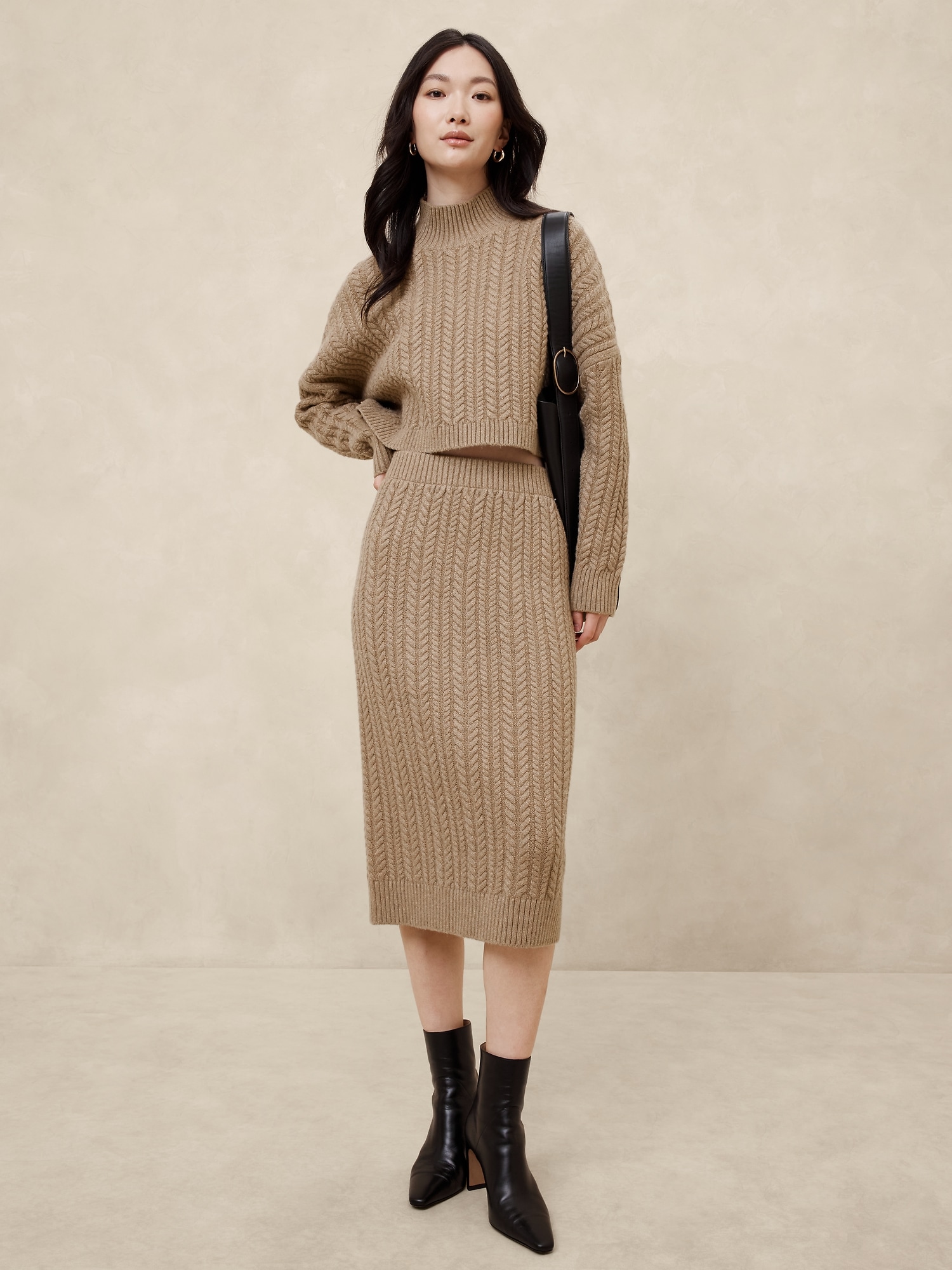 Wooly Cotton Midi Sweater Skirt - Brown