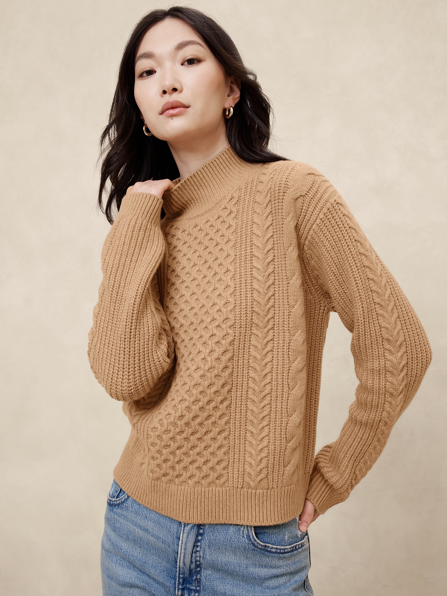 Cable Turtle-Neck Sweater - Beige