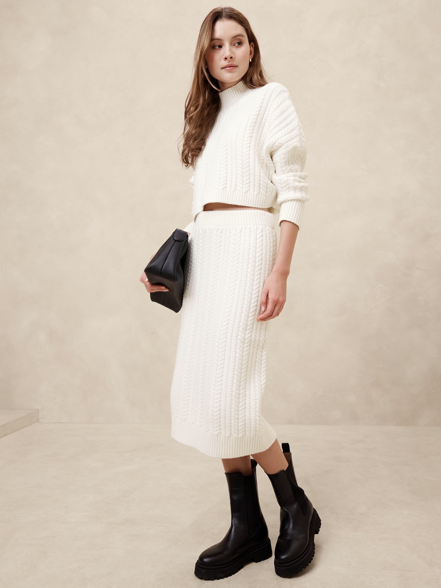 Wooly Cotton Midi Sweater Skirt - White