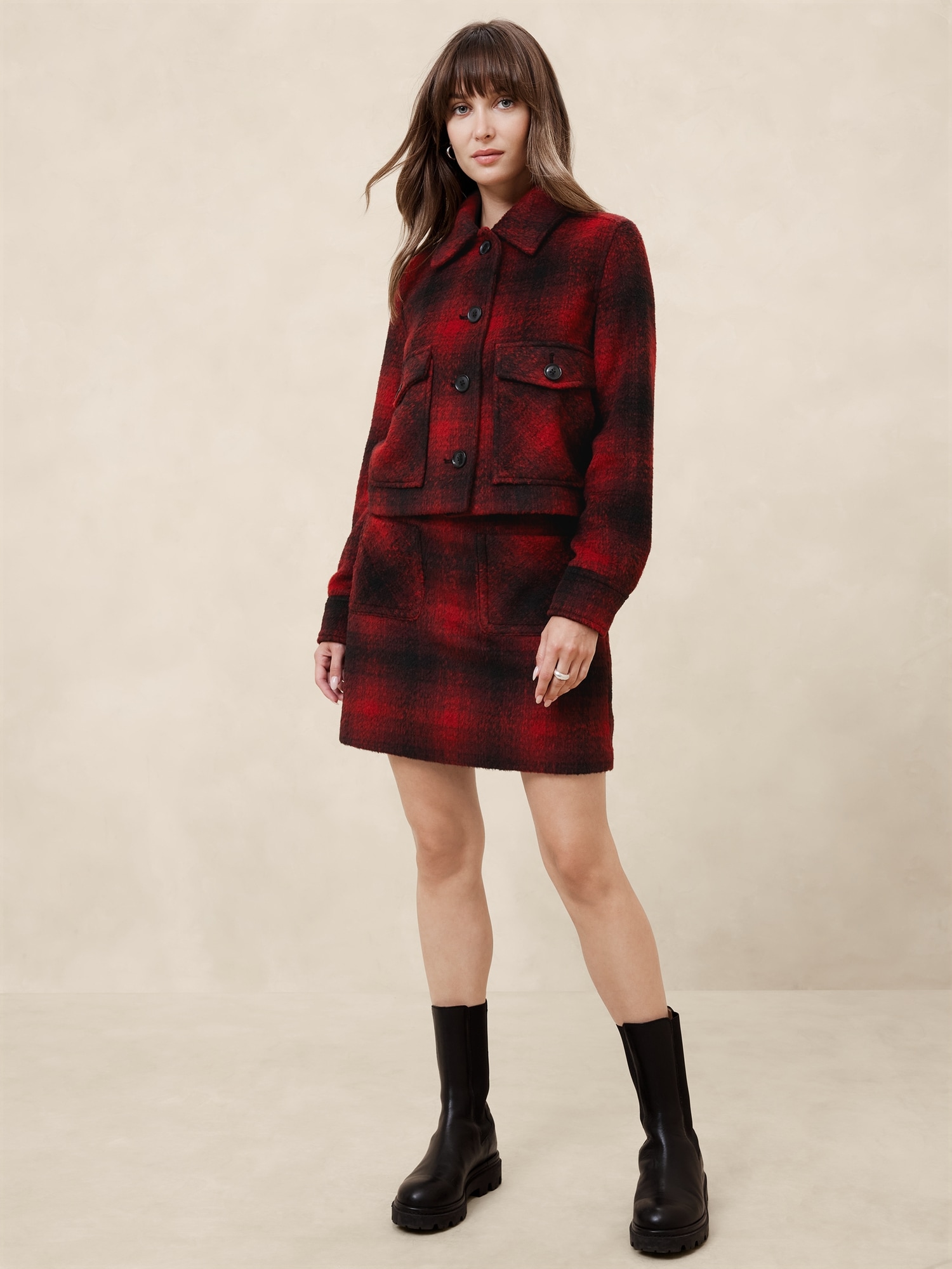 Plaid Cropped Jacket - Red