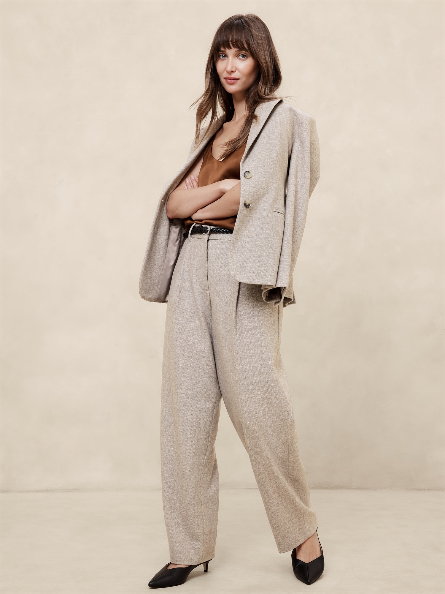 Straight Wool-Blend Herringbone Trouser