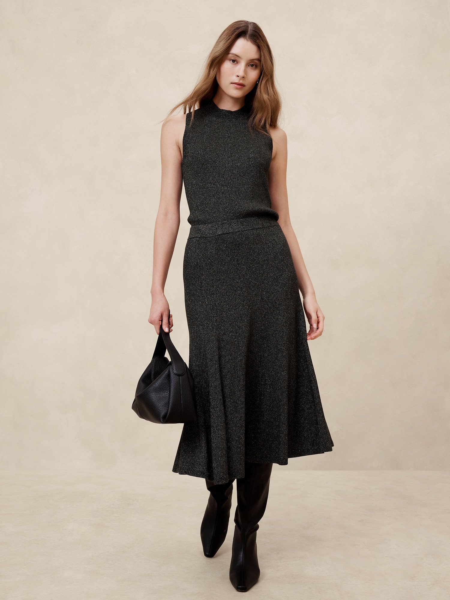 Lurex Midi Sweater Skirt - Black