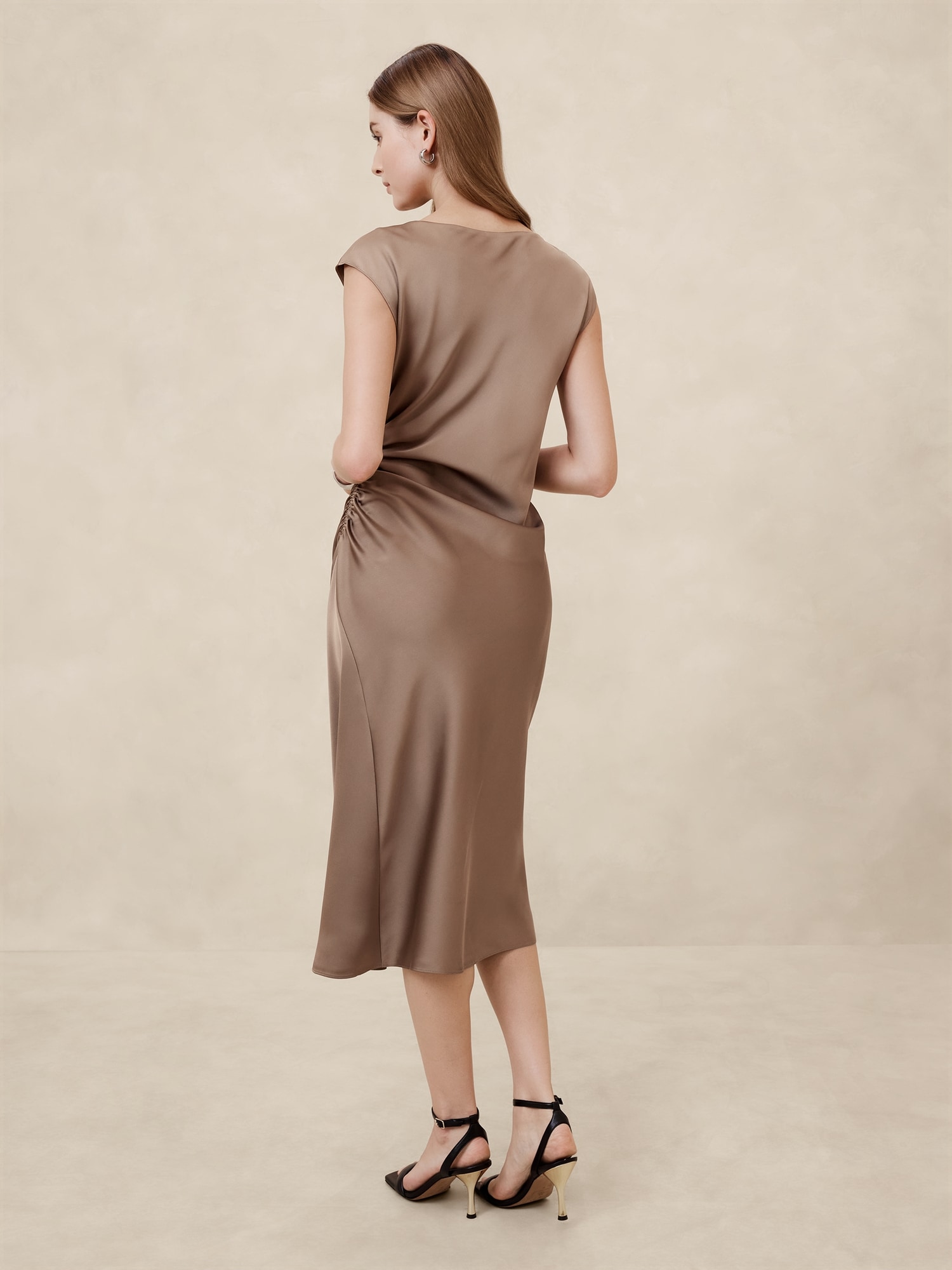 Shirred-Side Satin Midi Dress