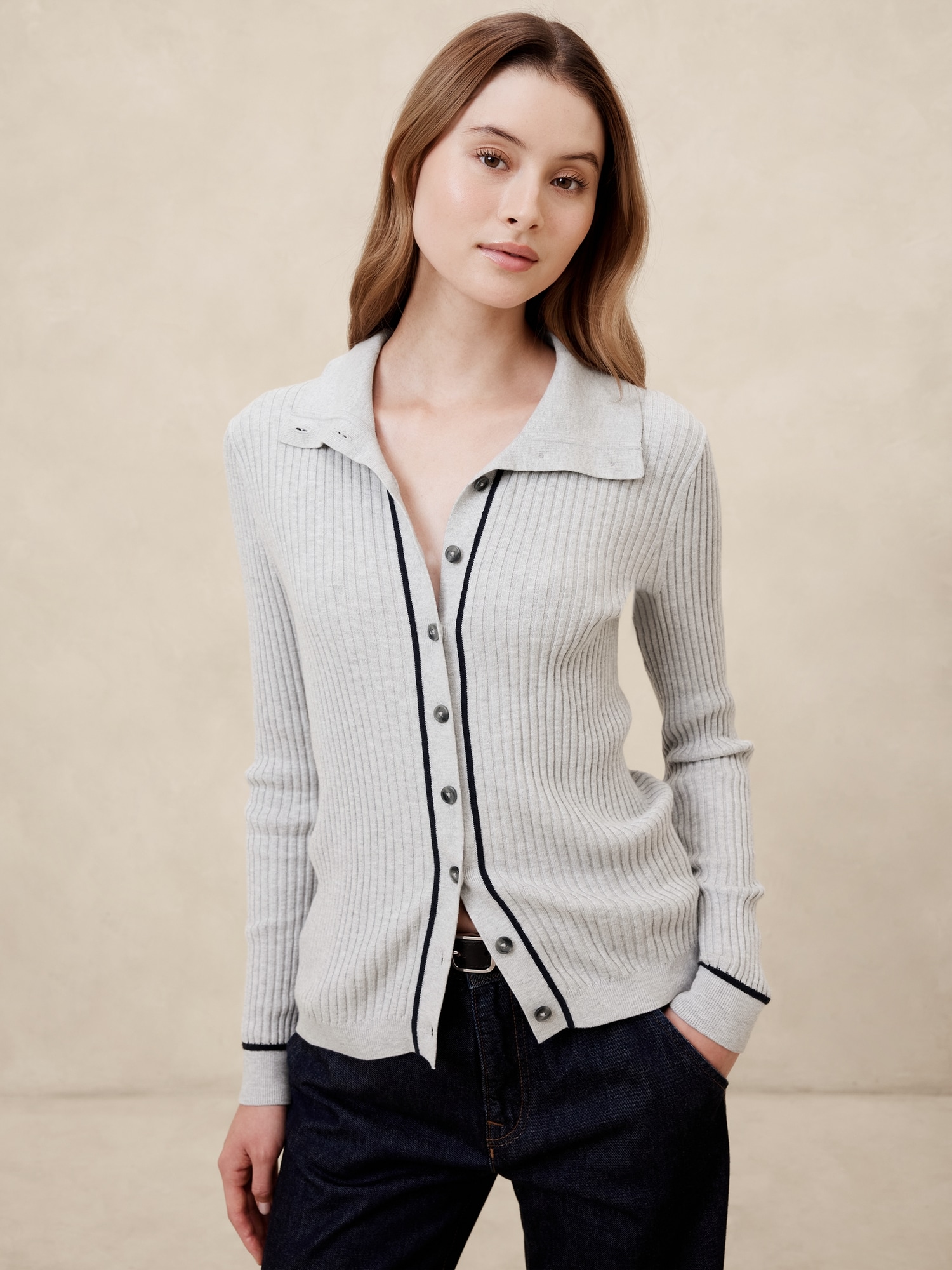 Contrast-Trim Polo Cardigan