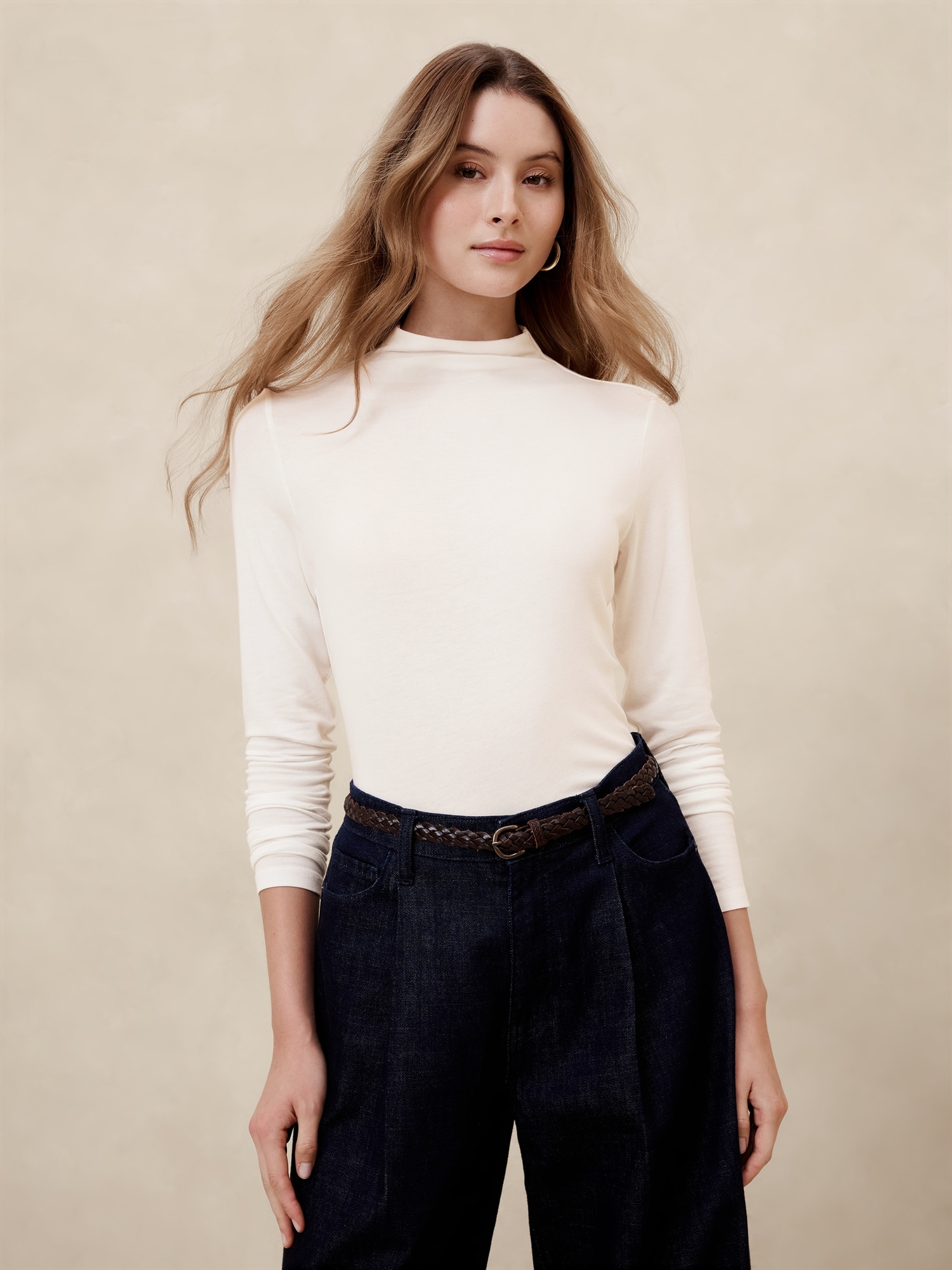 Tissue Rayon Mock-Neck Top