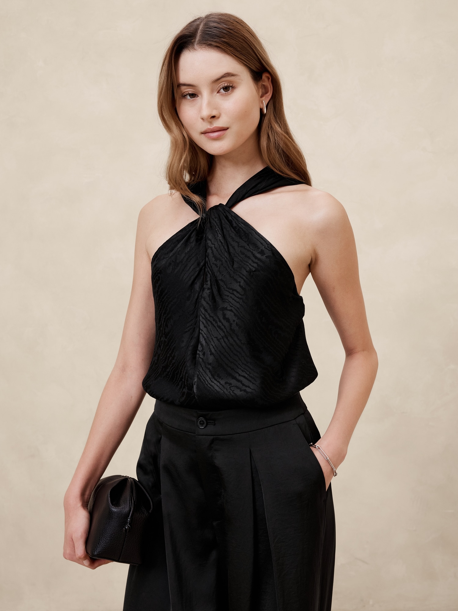 Silky Twist-Front Halter Blouse