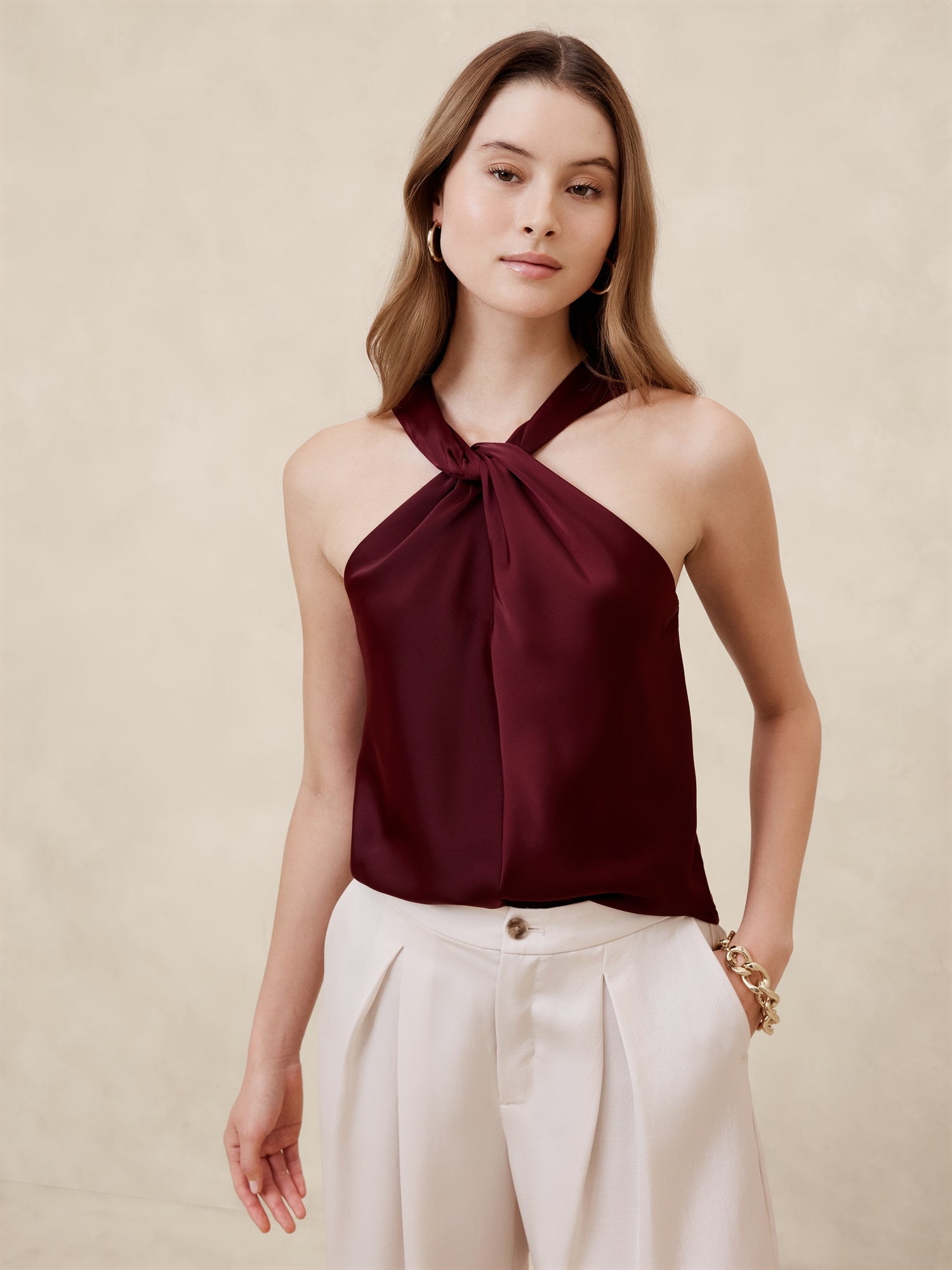 Silky Twist-Front Halter Blouse