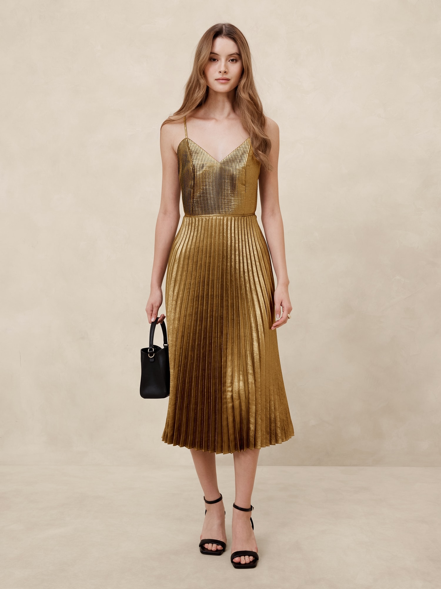 Gold pleated midi dress hotsell