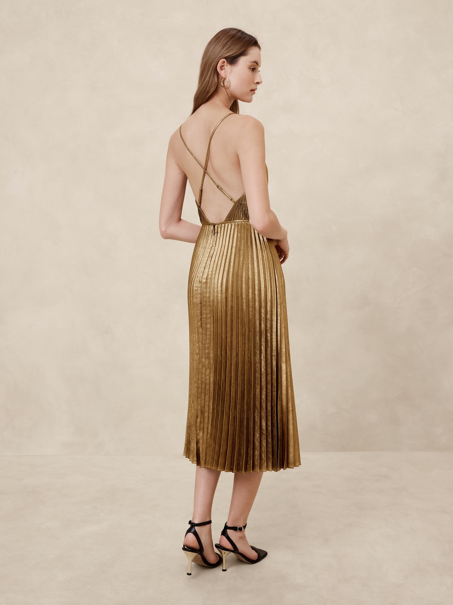 Lamé Strappy Pleated Midi Dress