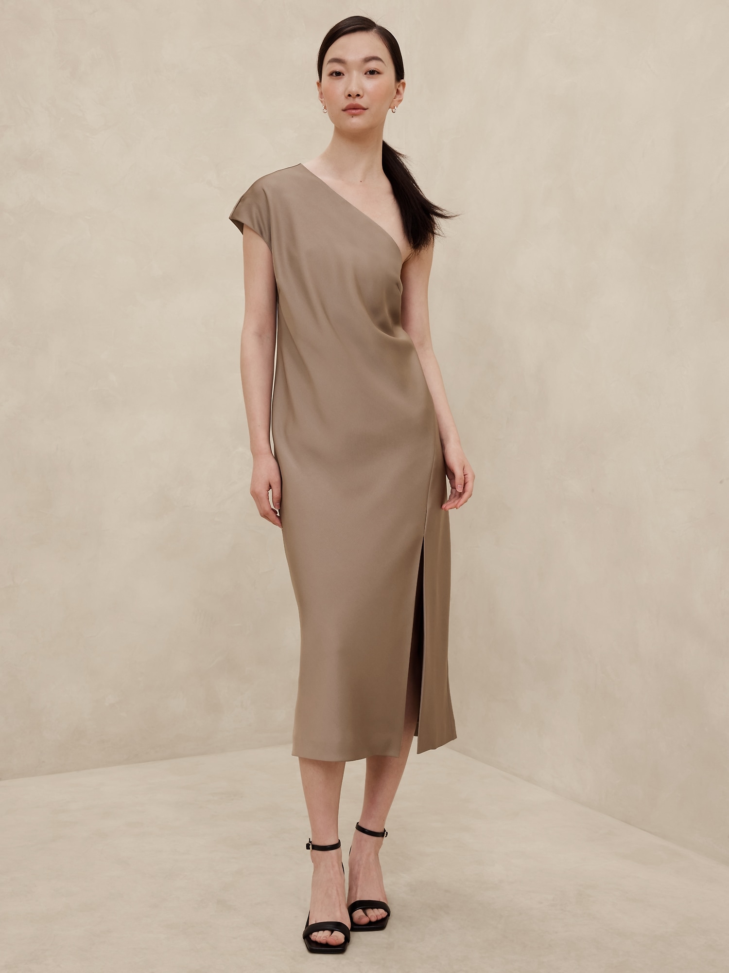 Satin One-Shoulder Midi Dress