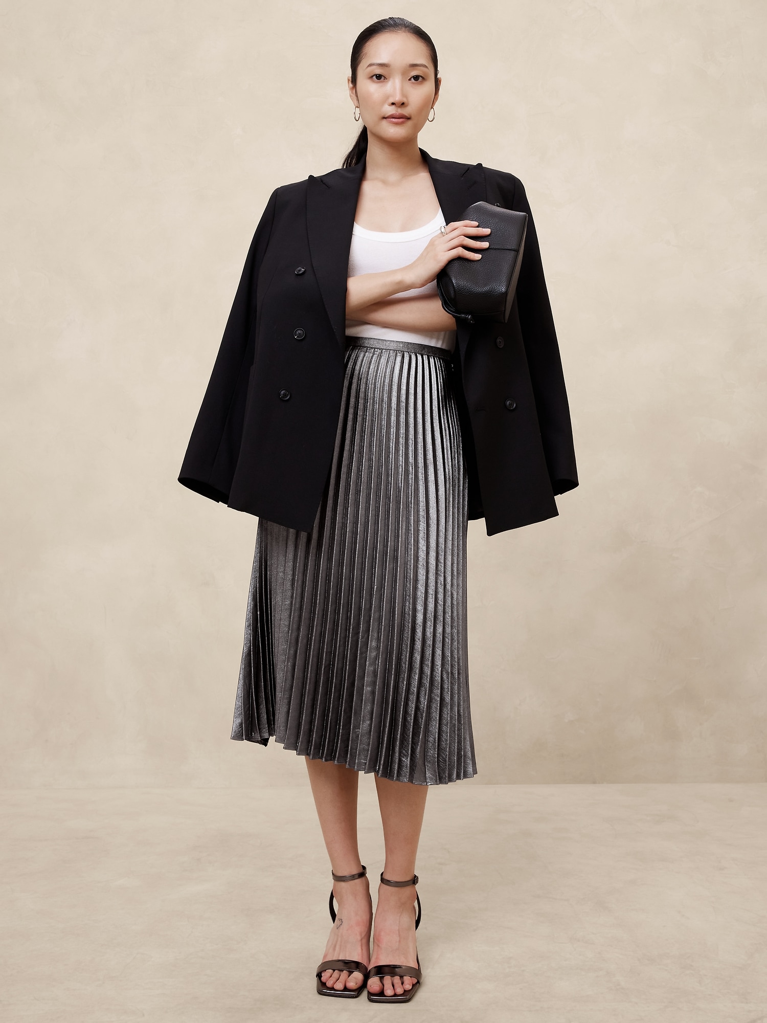 Lamé Pleated Midi Skirt