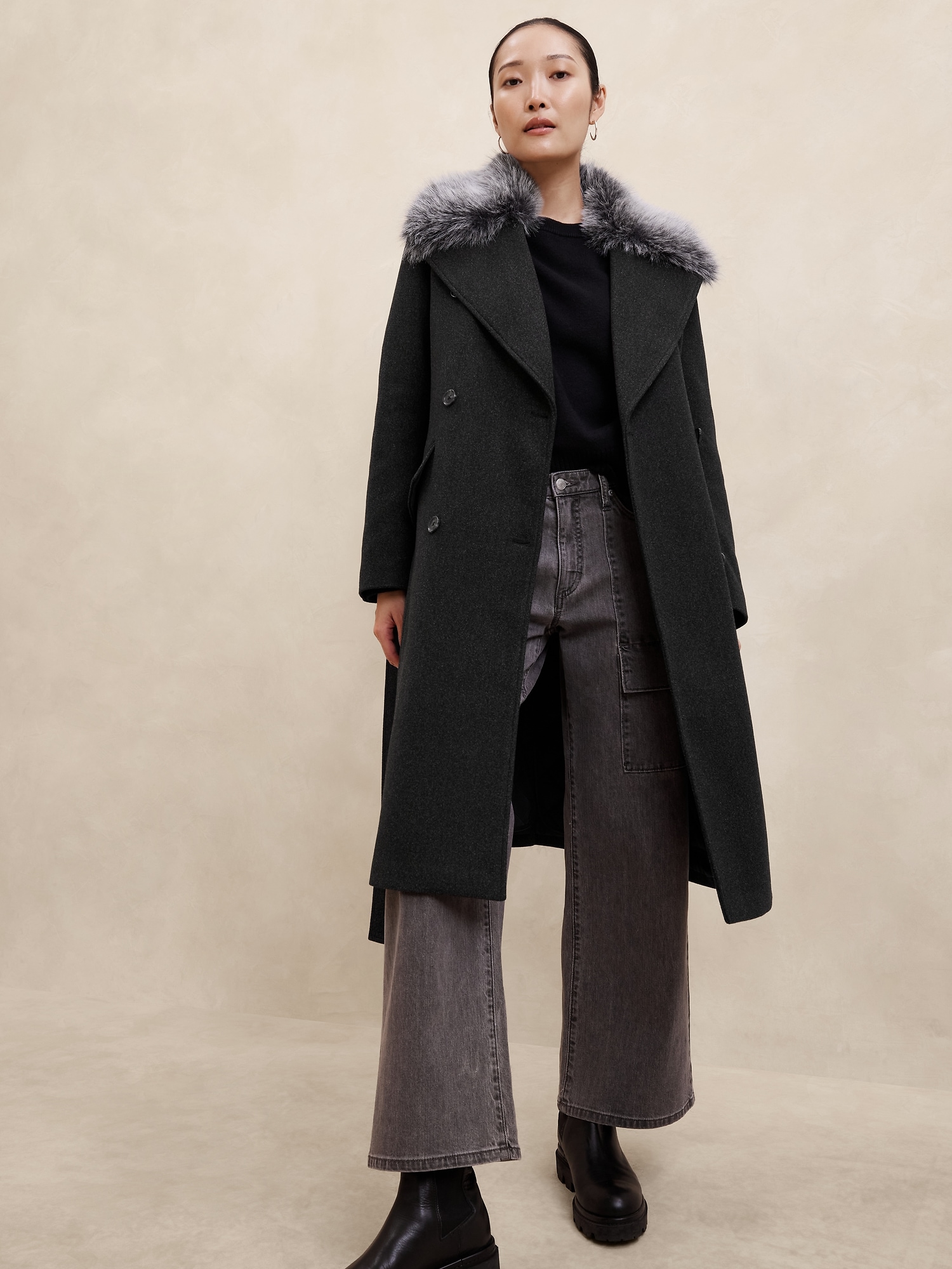 Fur Collar Tie-Waist Coat