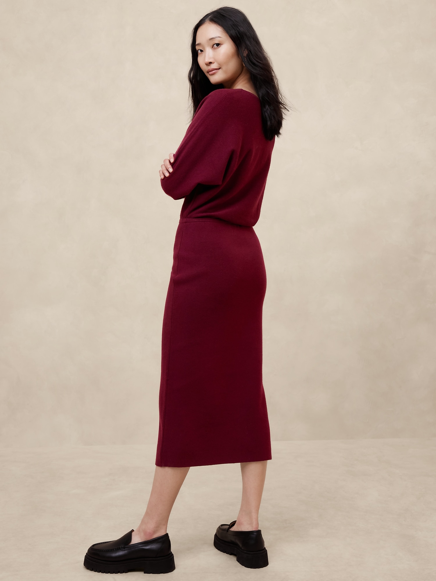 Dolman-Sleeve Midi Sweater Dress