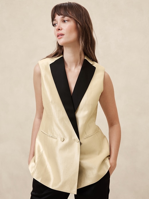 1 of 8 showing, with the color Gold of product Metallic Twill Suiting Vest
