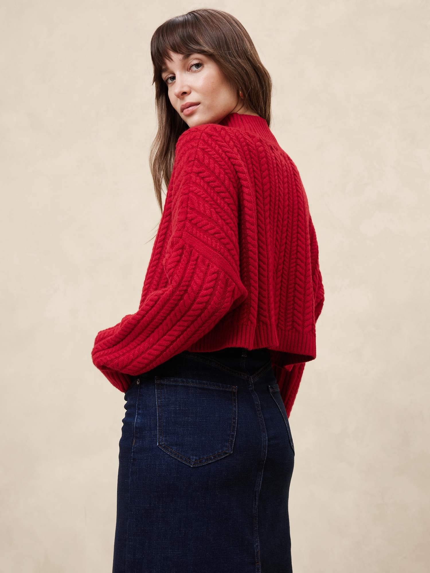 Cropped Cable Turtleneck Sweater