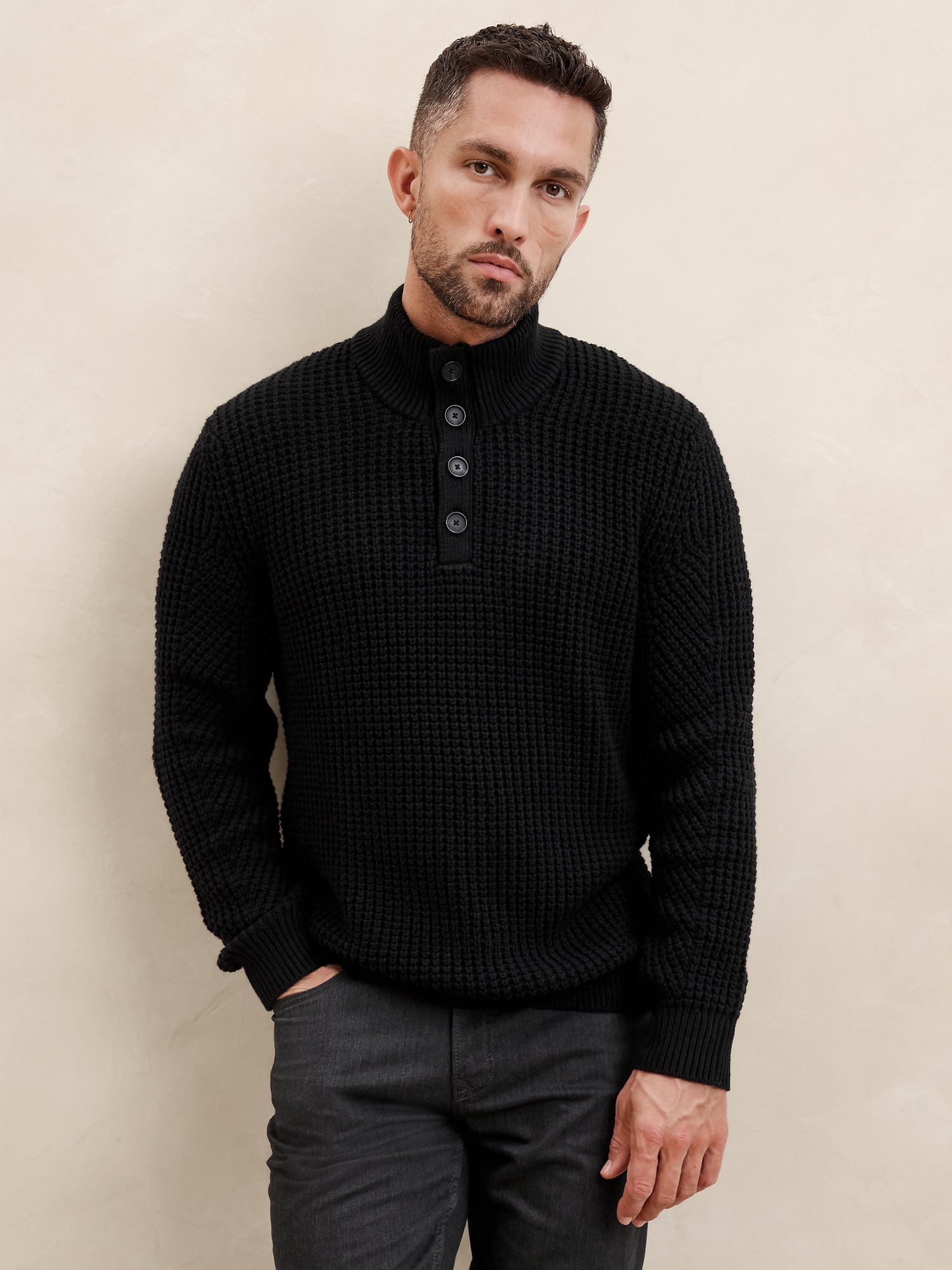 Chunky Waffle Buttoned-Neck Sweater - Black