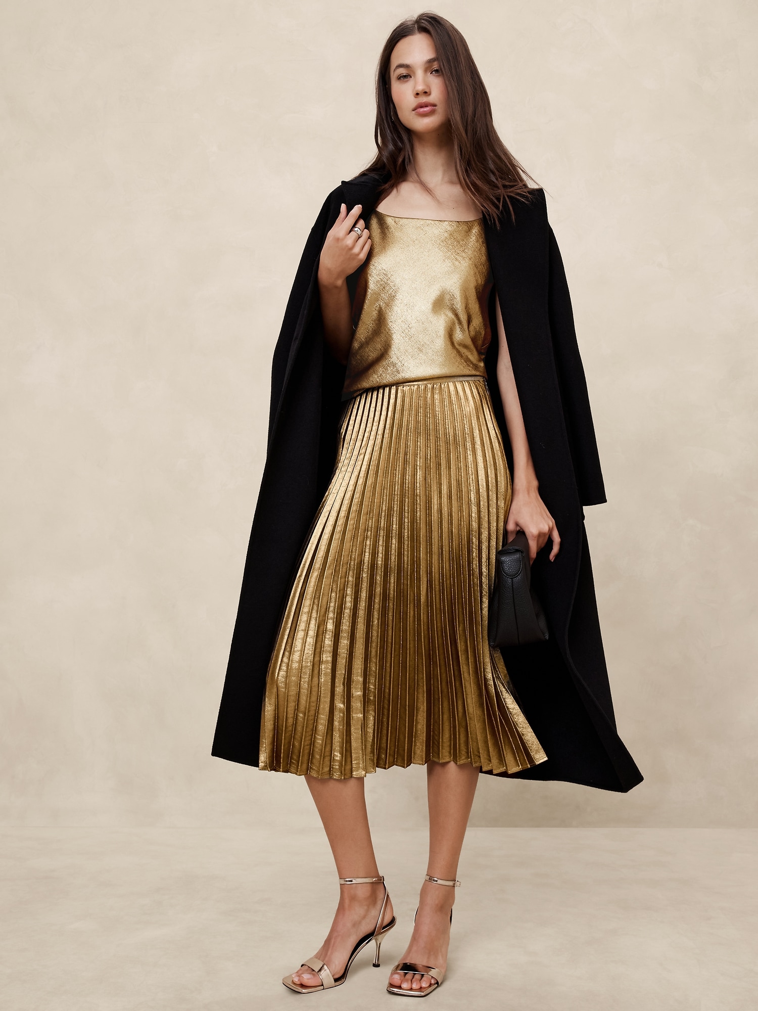 Lamé Pleated Midi Skirt