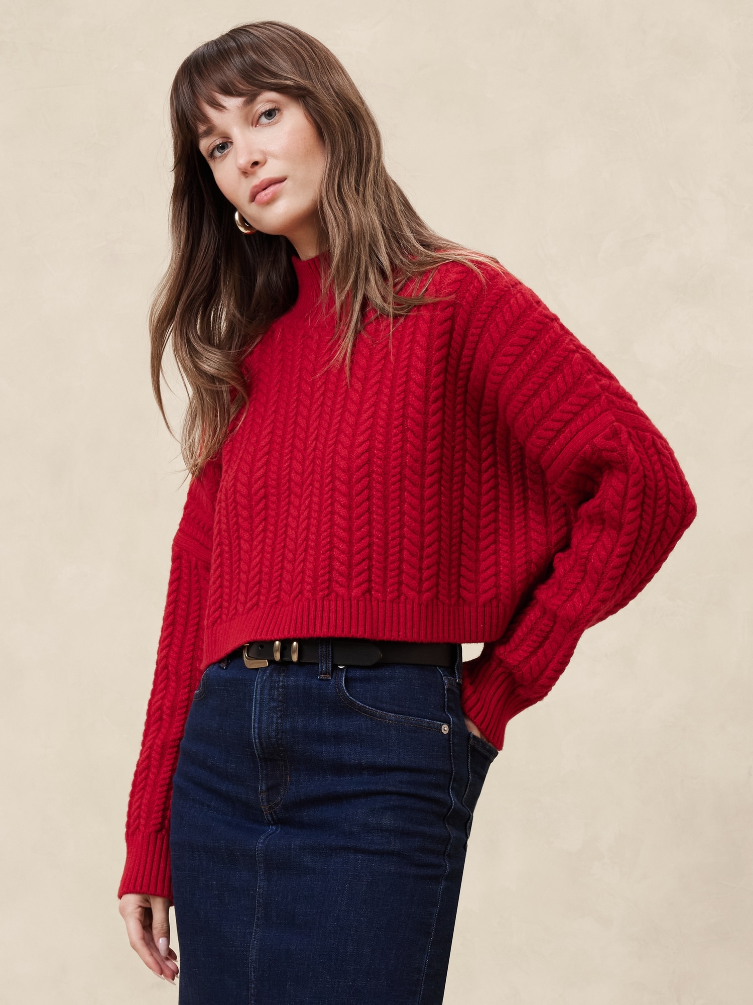 Cropped Cable Turtleneck Sweater