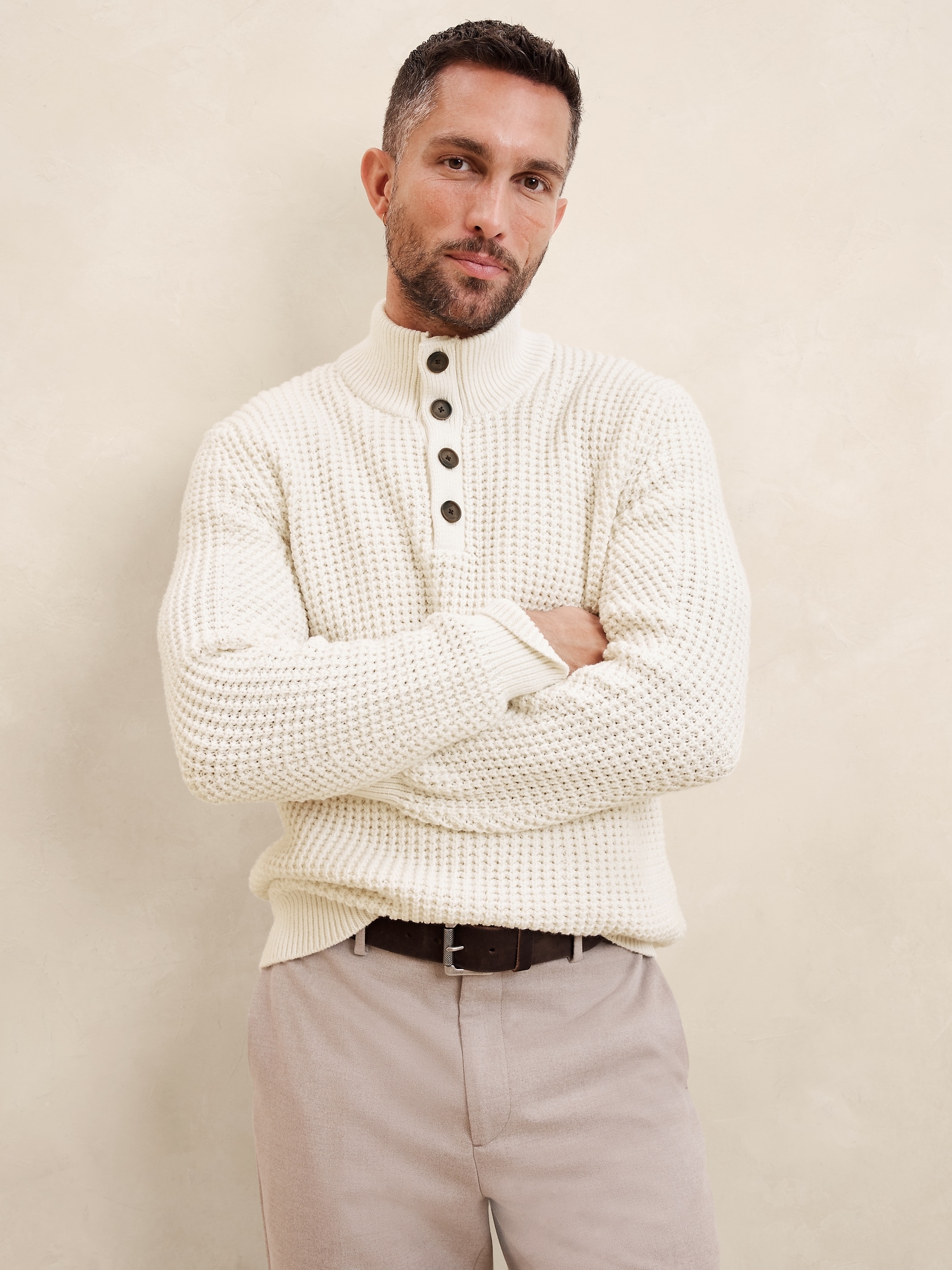 Chunky Waffle Buttoned-Neck Sweater - White