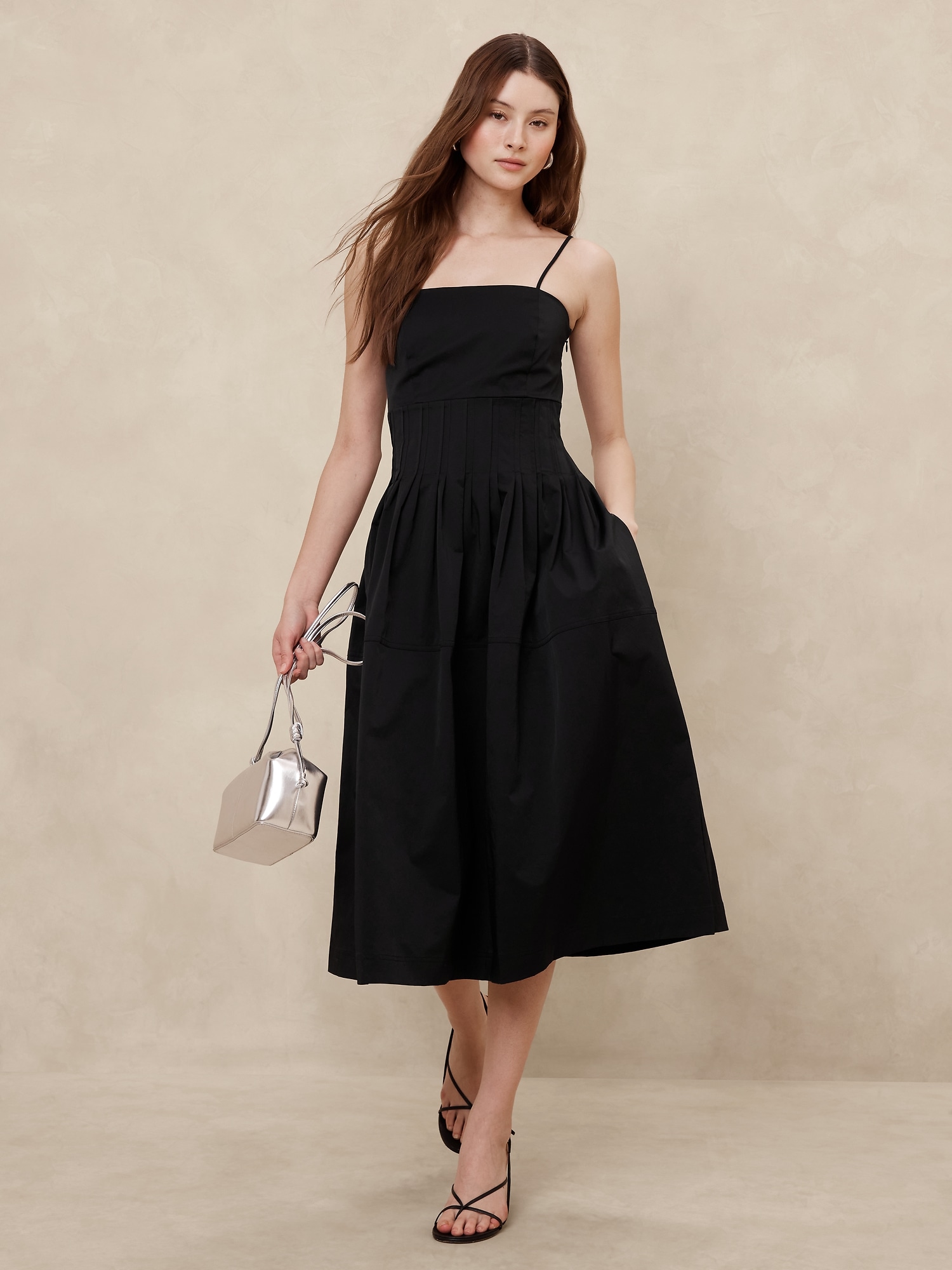 Pleated Taffeta Midi Dress