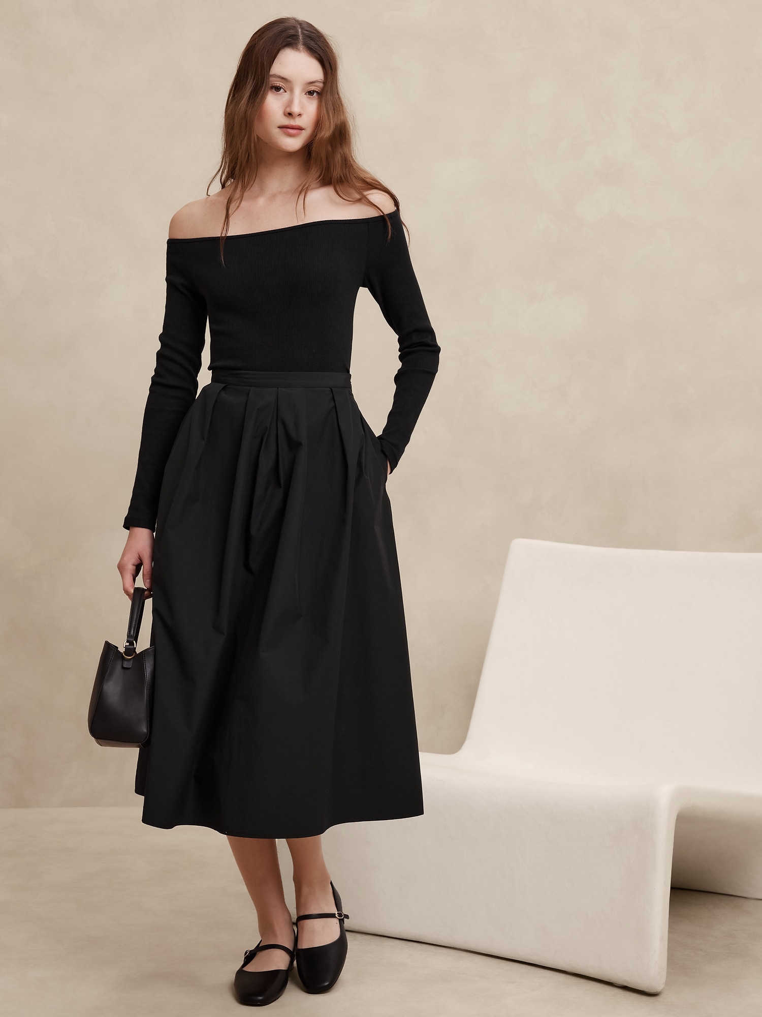 Pintuck Taffeta Midi Skirt