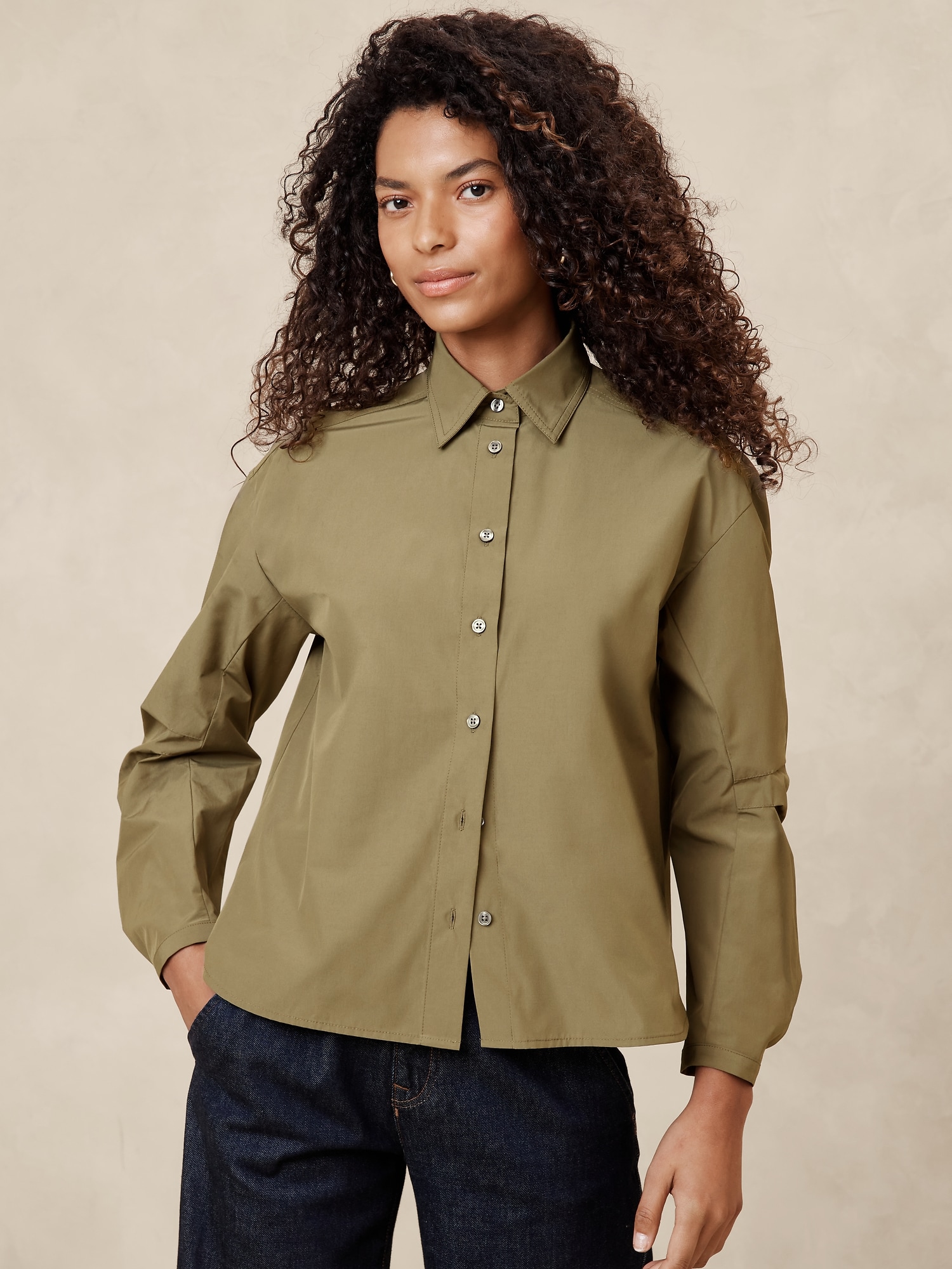 Pleated-Sleeve Taffeta Shirt