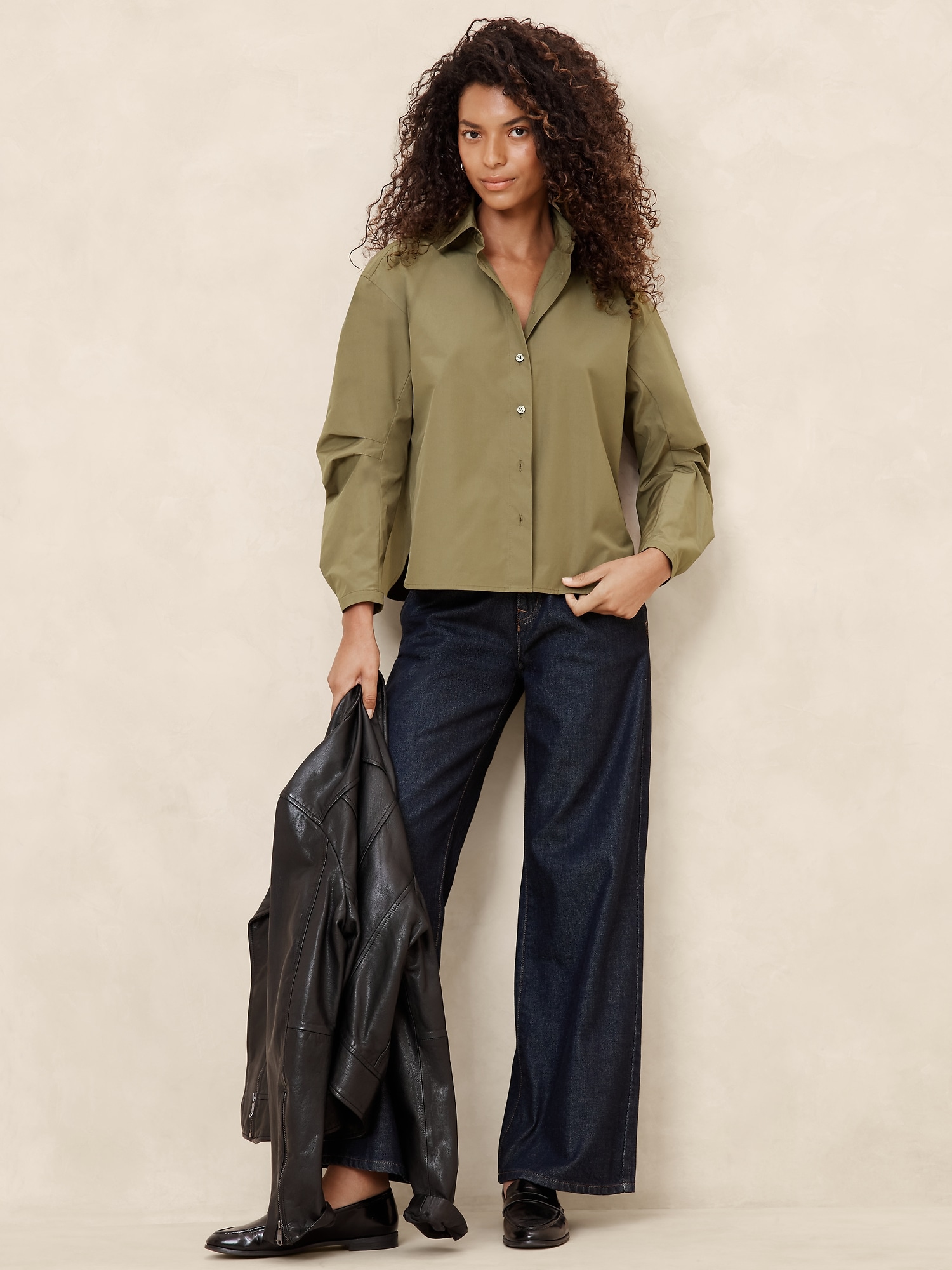 Pleated-Sleeve Taffeta Shirt