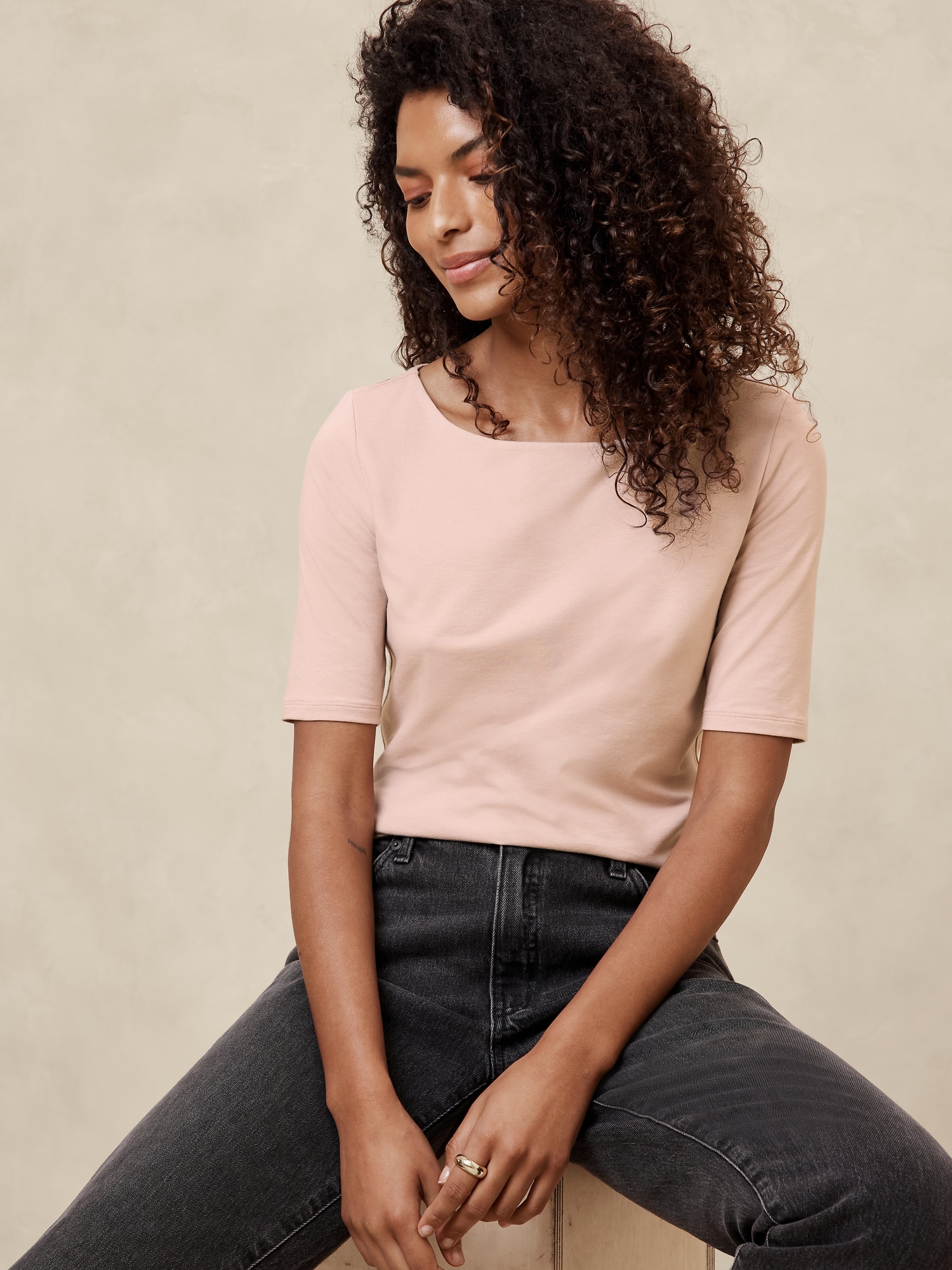 Soft Stretch Elbow-Sleeve Top - Pink