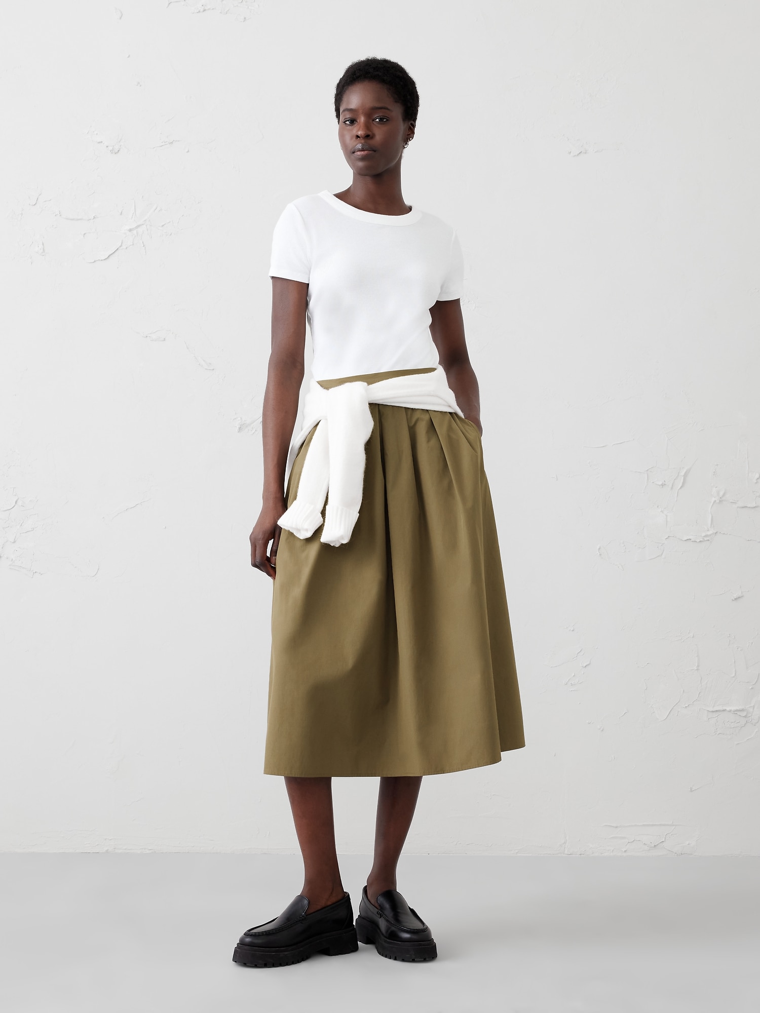 Pintuck Taffeta Midi Skirt