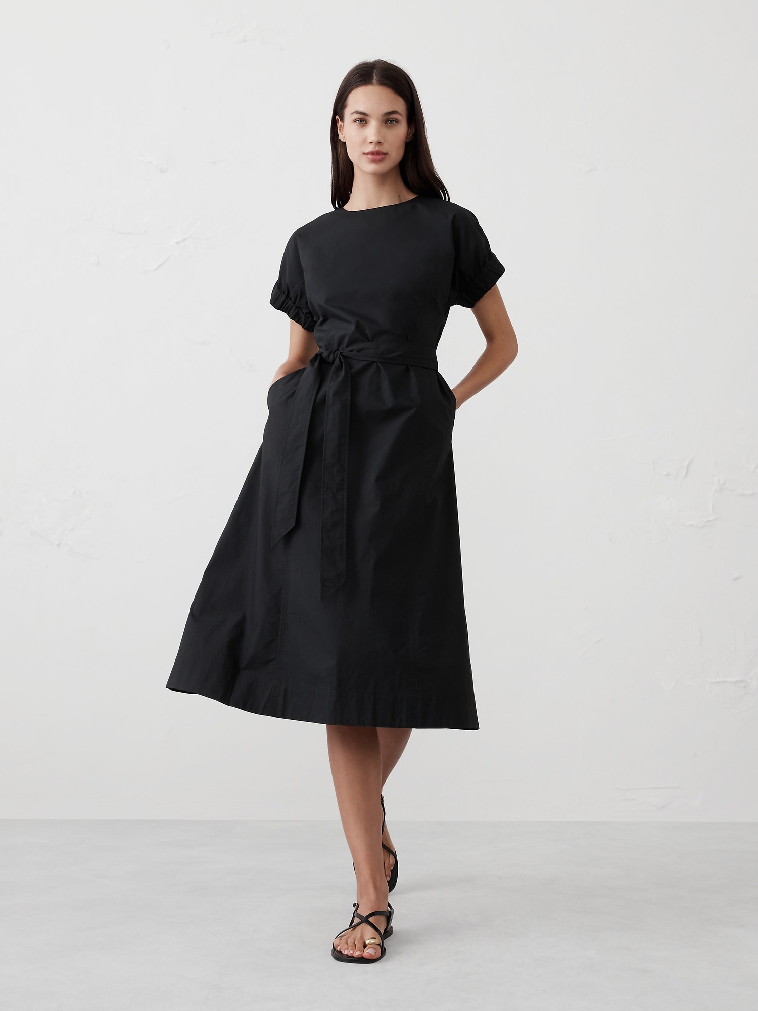 Poplin Elastic-Cuff Midi Dress