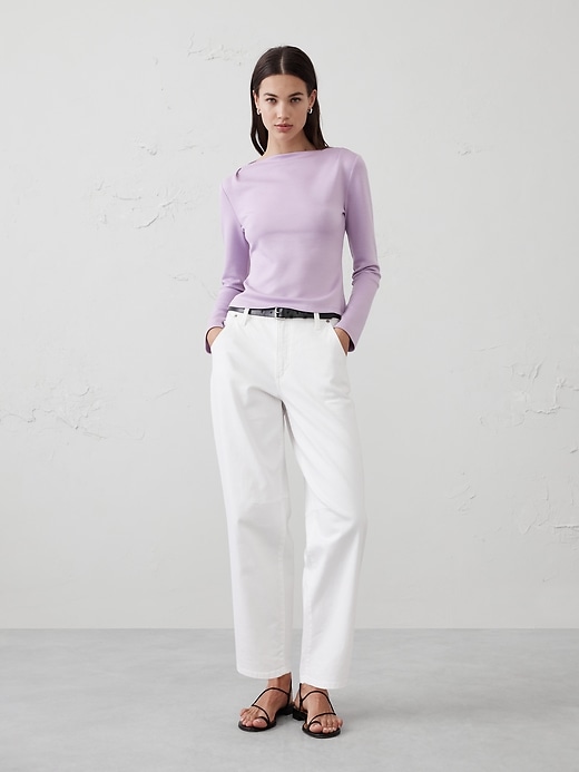 1 of 8 showing, with the color Violet Lilac of product Soft Touch Scuba Pleated Boat-Neck Top