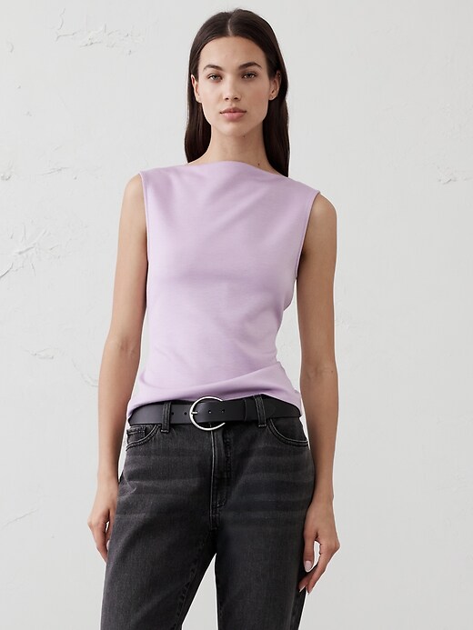 Soft Touch Scuba Pleated Boat-Neck Top