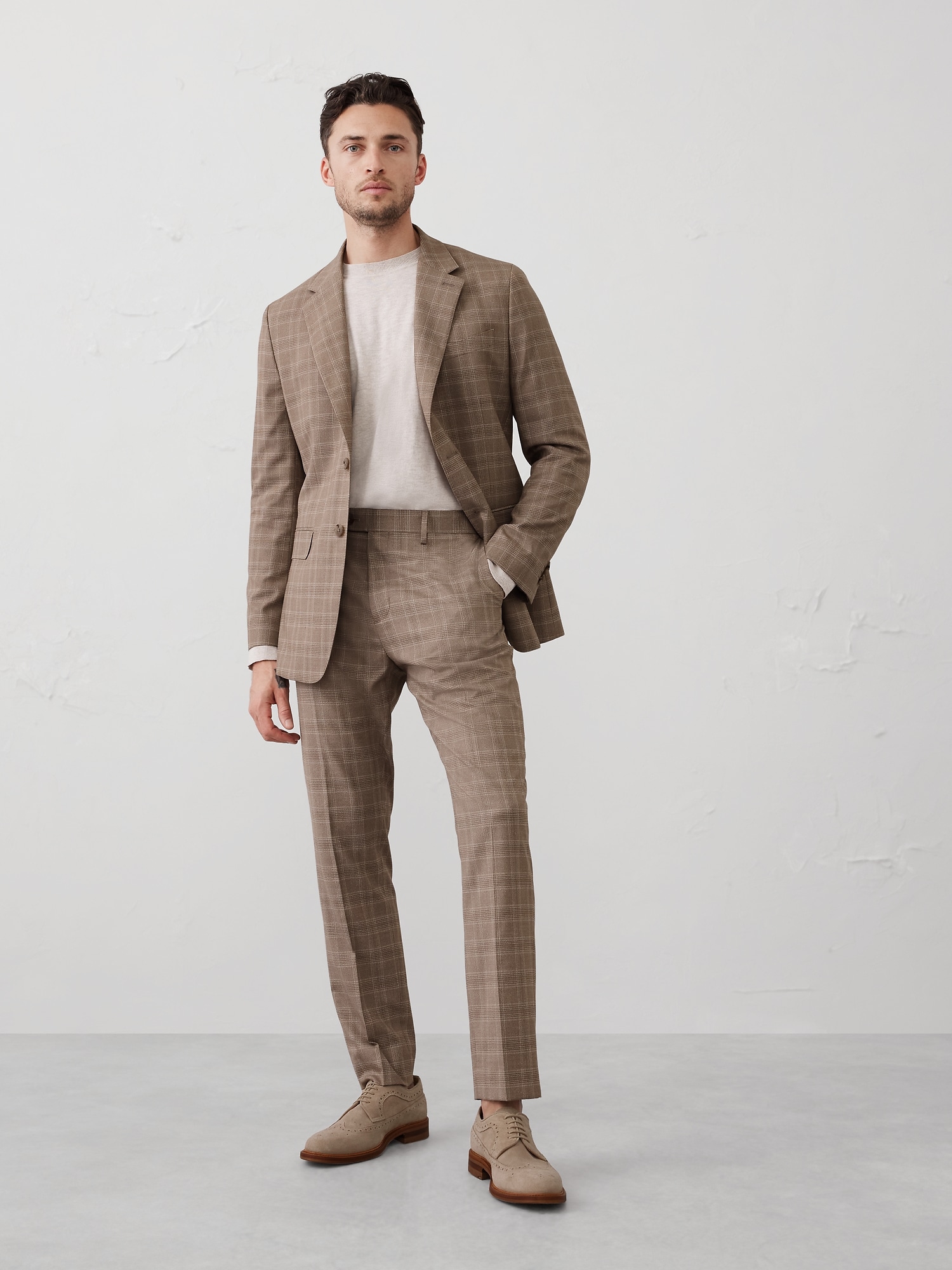 Tailored-Fit Taupe Glen Plaid Suit Trouser