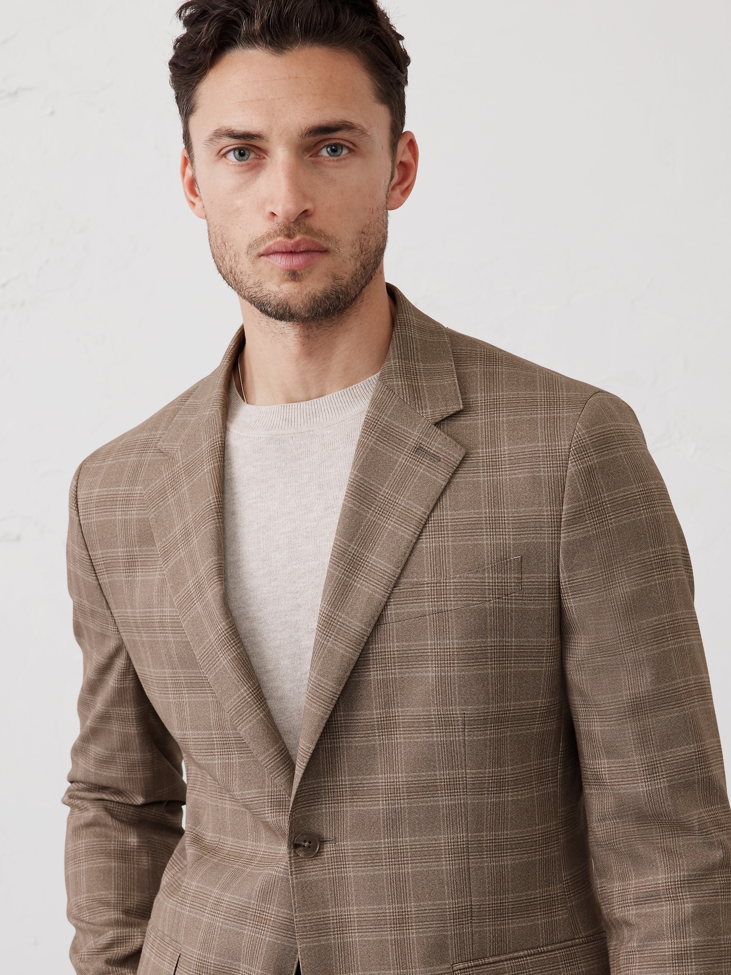 Tailored-Fit Taupe Glen Plaid Suit Jacket