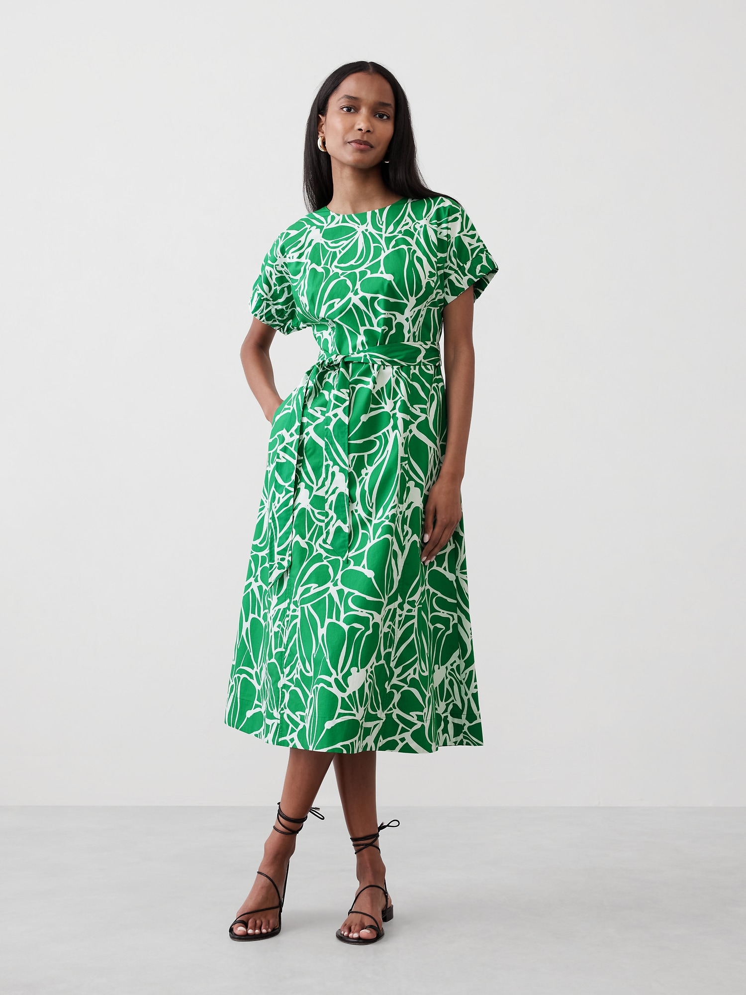 Poplin Elastic-Cuff Midi Dress