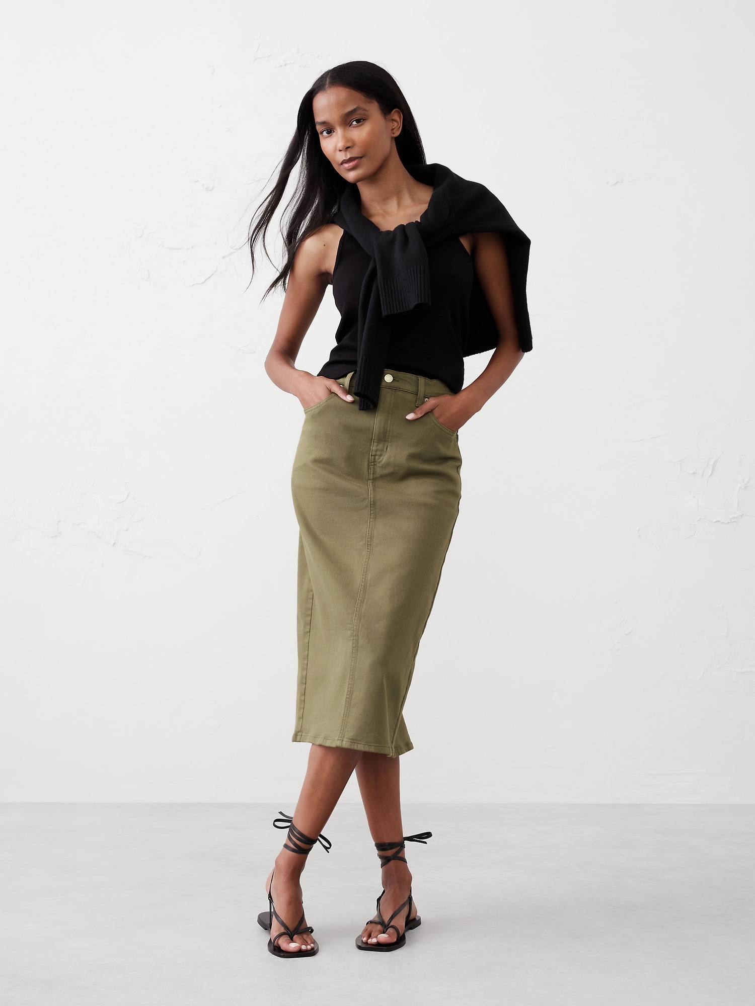 Denim Midi Pencil Skirt - Green