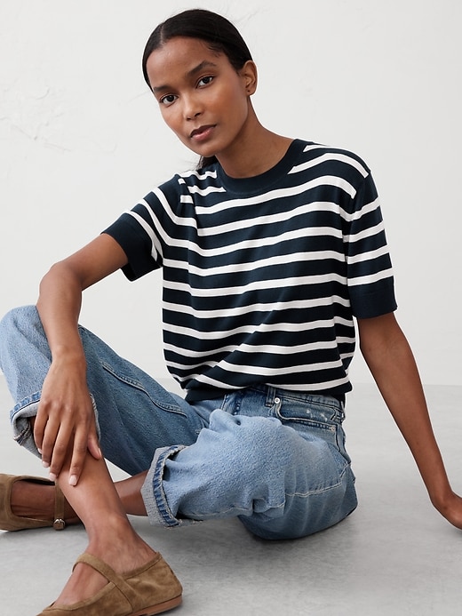 【reverve】リバーブ ネイビーミックス 半袖 コットン ニット reverve】リバーブ ネイビーミックス 半袖 コットン ニット