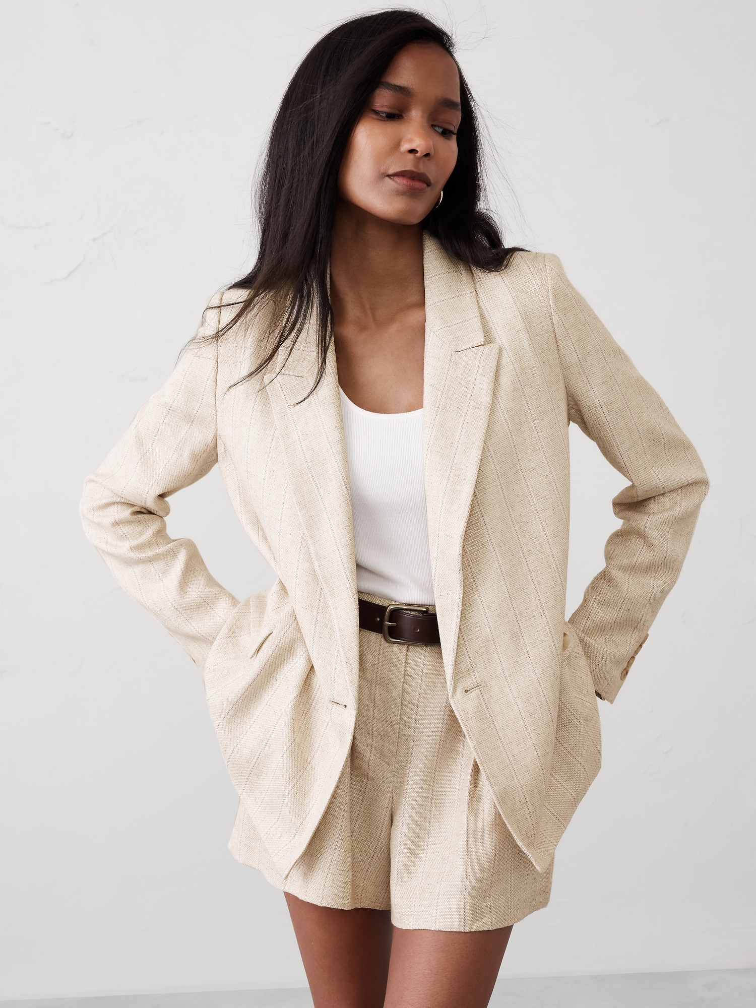 Linen-Blend Boyfriend Blazer - Beige