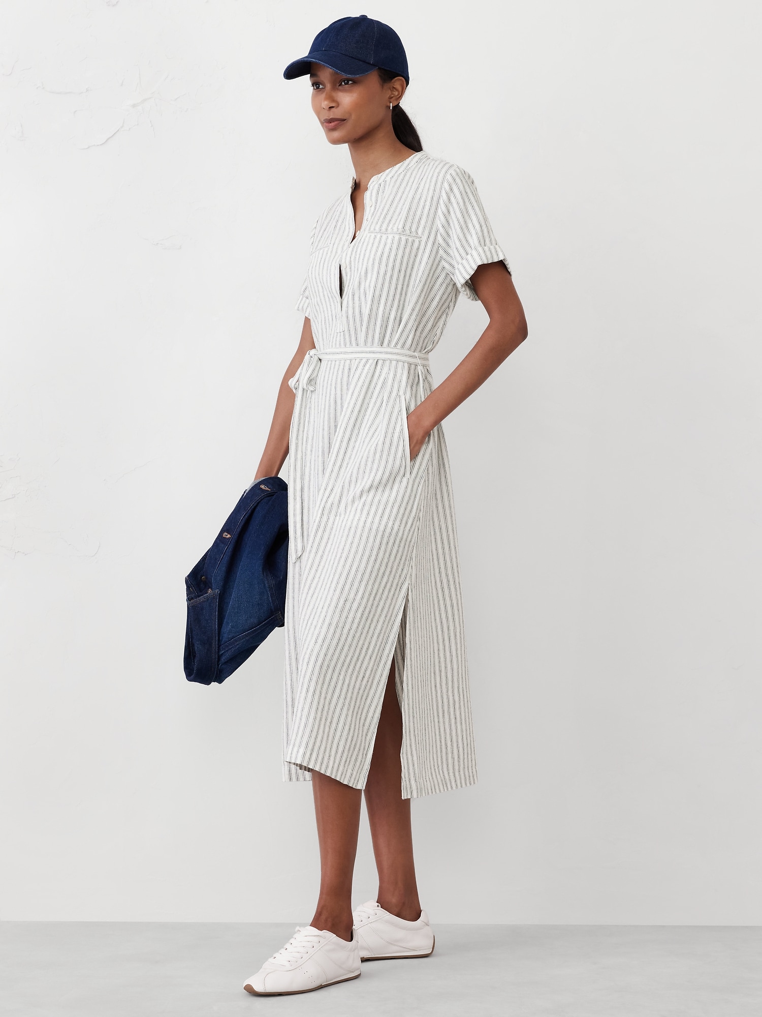 Linen-Blend Utility Midi Shift Dress