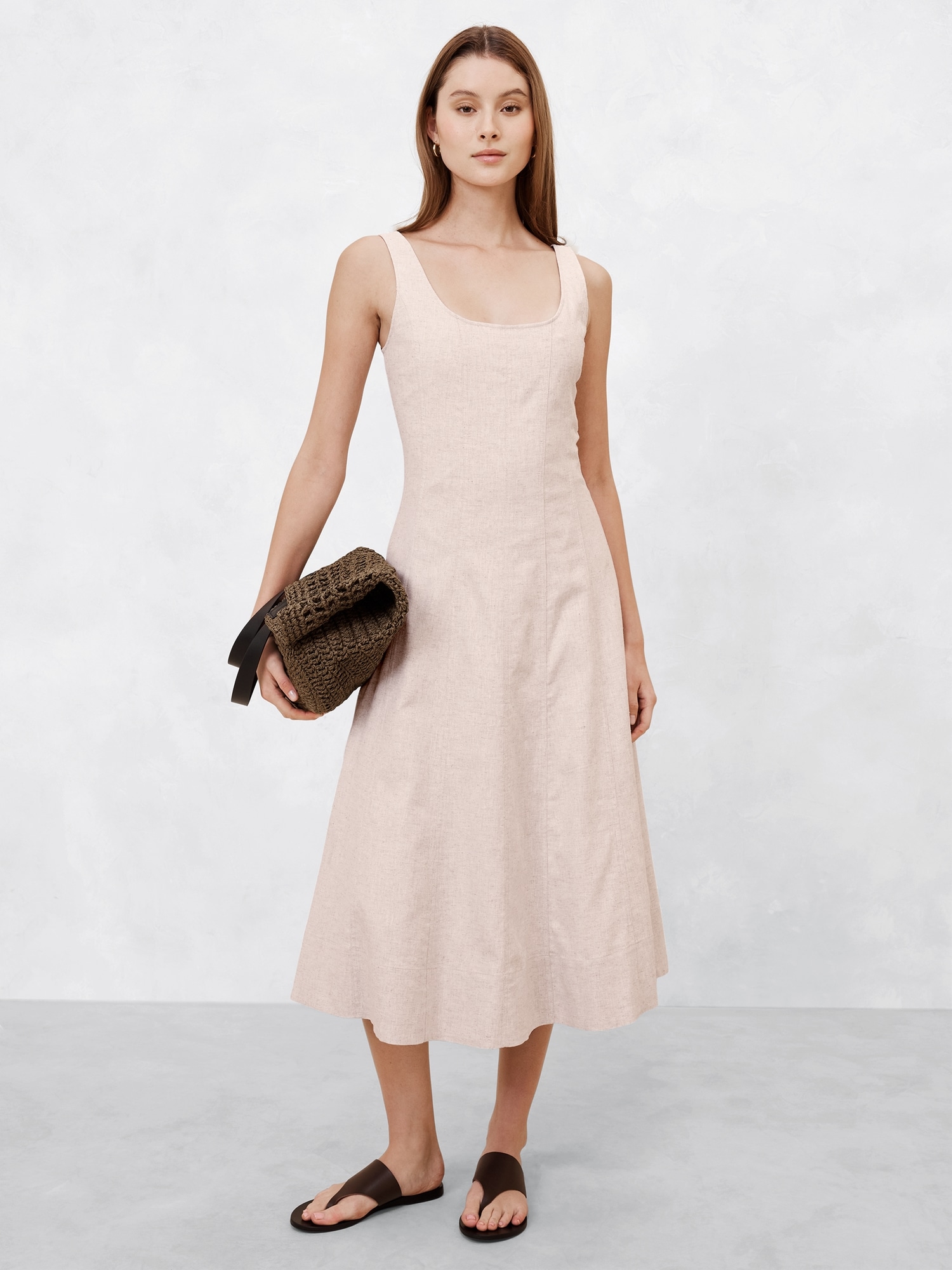 Linen-Blend Midi Dress - Beige